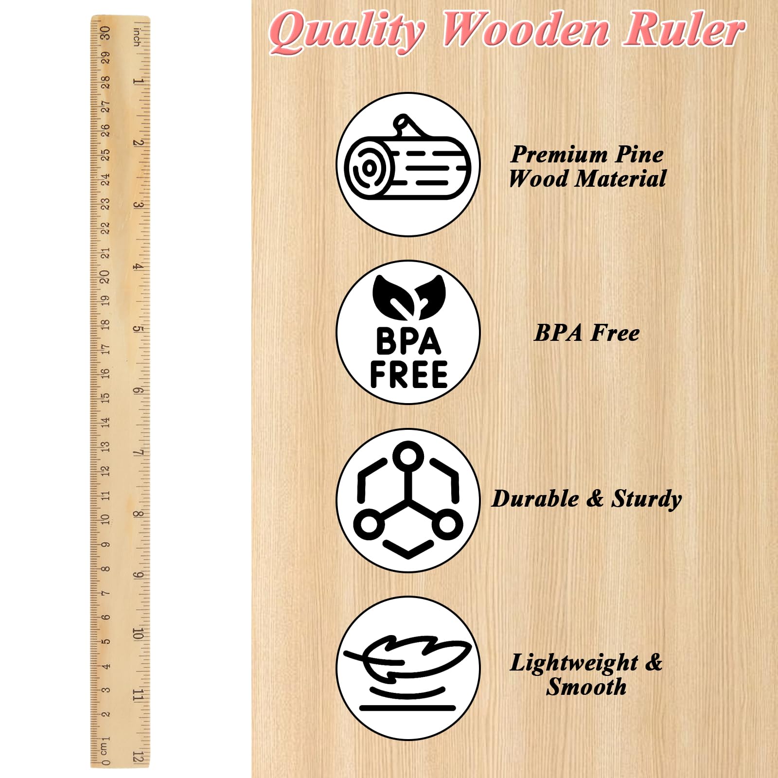 QTLCOHD 144 Stück 30,5 cm Holzlineal, Kiefernholz, Messlineale Bulk für Studenten, Klassenzimmer, Zuhause, Büro, 2 Skalen, 30 cm