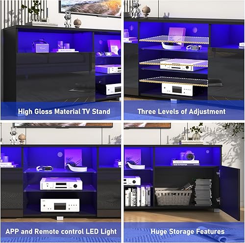 Miniatura 22 de Soporte de TV negro LED de alto brillo para TV de 55/60/65 pulgadas, moderno centro de entretenimiento LED con estantes de almacenamiento