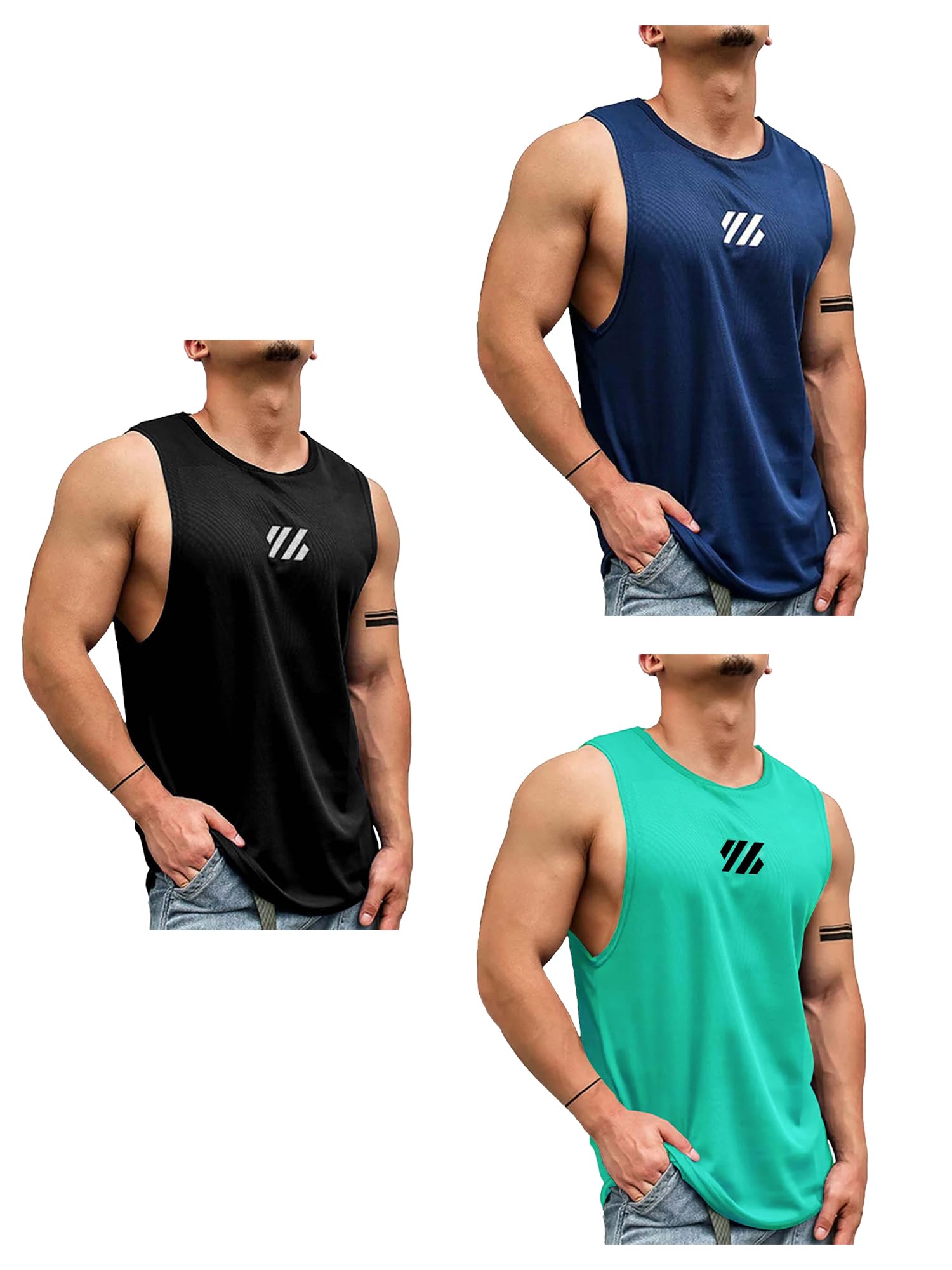 Jump CutsMens Printed Sleeveless Polyester Gym Fit Combo Vest Pack of 3
