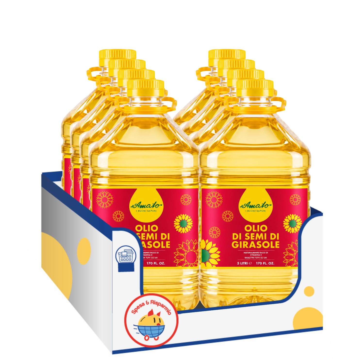Amato Olio di Semi di Girasole 5 Litri, Olio Alimentare per Fritture, Cottura e Condimenti, Tanica PET, Confezione Multipla da 4/8/12 Pezzi (8 PEZZI)