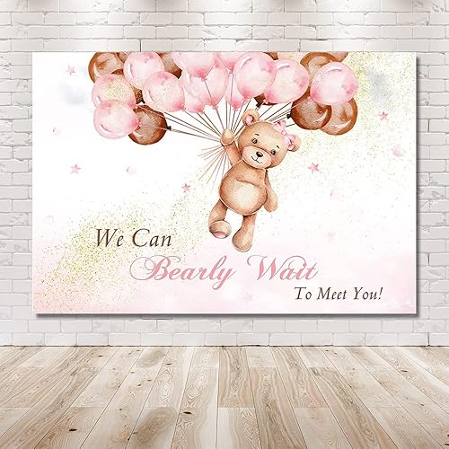 Miniatura 6 de MEHOFOND Telón de fondo para baby shower con texto en inglés "We Can Bearly Wait to Meet You" de 10 x 7 pies, globos rosas y marrones, purpurina