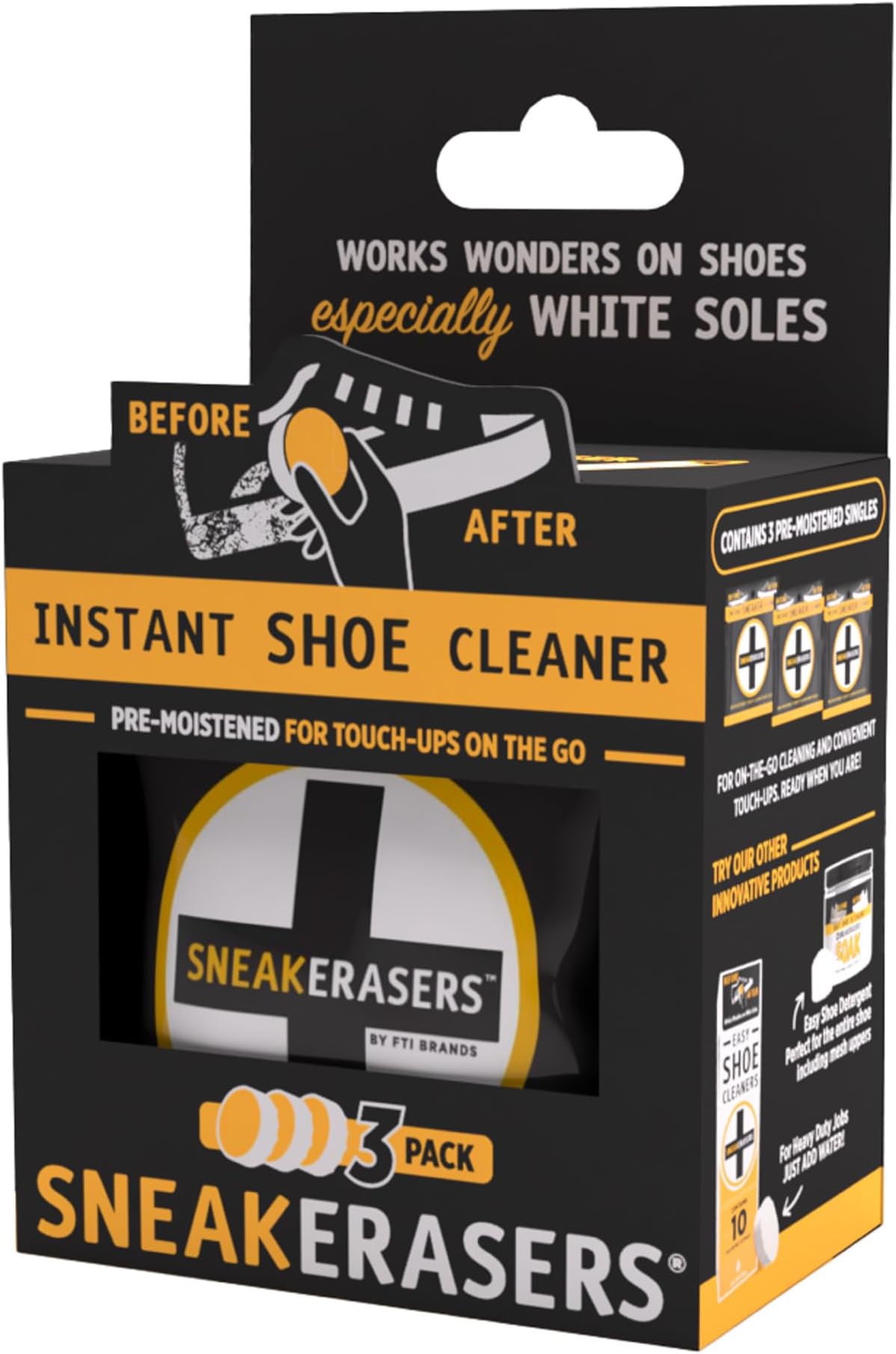 SneakERASERS Instant Shoe Cleaner Pre-Moistened Sponge, 3 Pack
