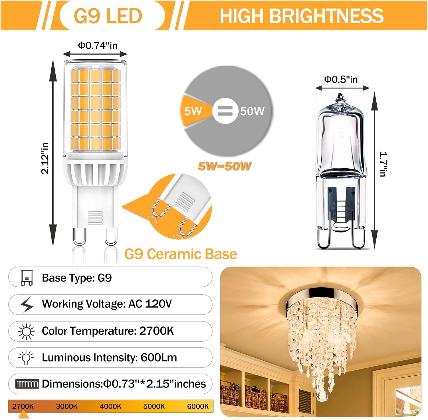 G9 LED Bulb Dimmable 5W,2700K Soft Warm White 120V 600LM,60 Watt Halogen Equivalent, UL CUL Listed T4 Specialty LED G9 Bi-pin Base for Chandelier Lighting, 5 Pack