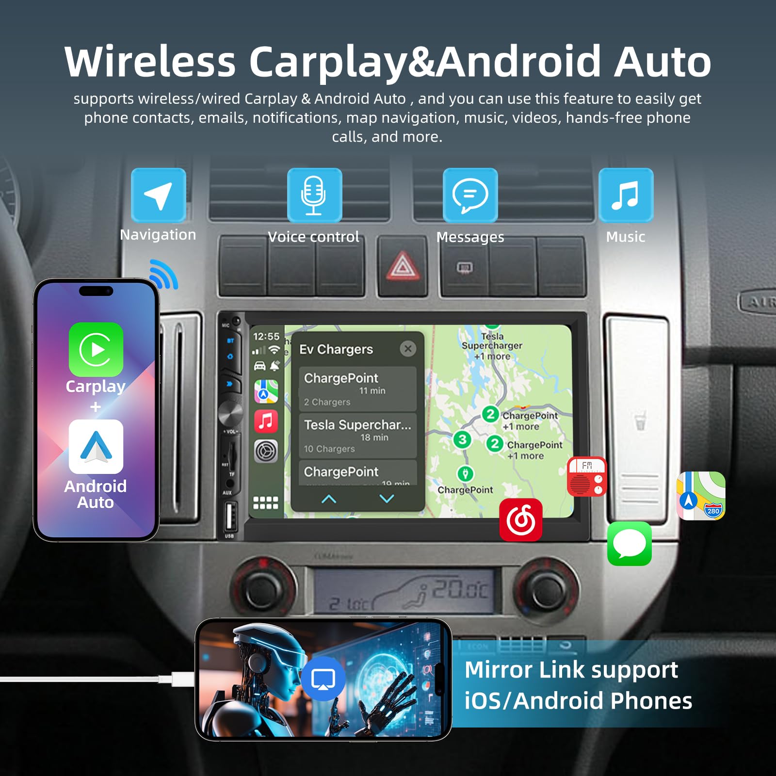 Radio de Coche 2 DIN con Carplay Inalámbrico y Android Auto - Radio de Coche con Pantalla Táctil de 7 Pulgadas con Mirror Link EQ Bluetooth Radio FM SWC AUX USB + Cámara de Visión Trasera