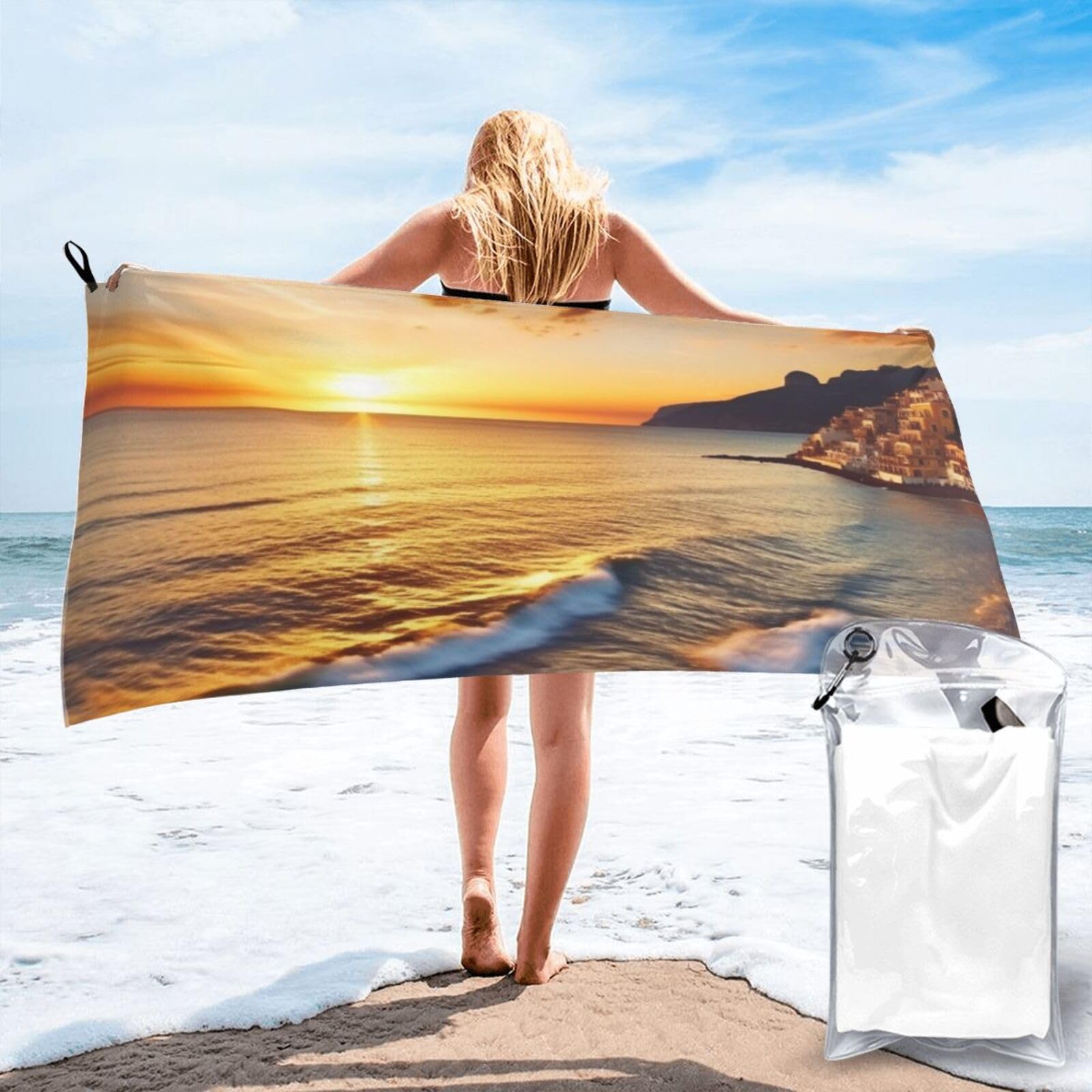 DWVTSLH Microfiber Sand Free Beach Towel 27.5"x55", Quick Dry Absorbent Travel Towel Large Camping Blanket, Seaside Sunset Bath Towels Lightweight Pool Swim Towels for Vacation Essentials
