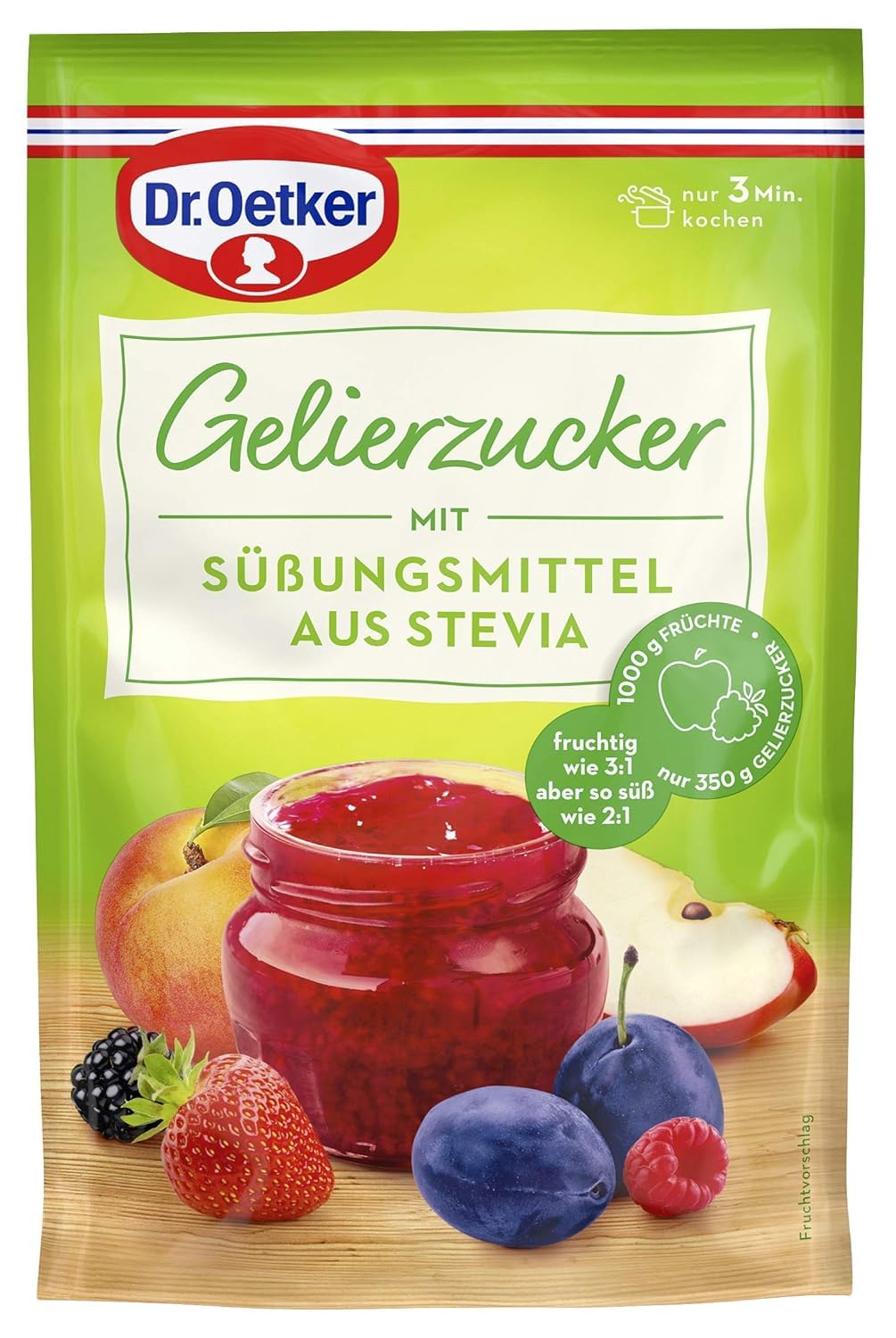 Dr. Oetker Gelierzucker mit Süßungsmittel aus Stevia, 10 x 350 g, Gelierzucker, zum Selbermachen von Konfitüren, Marmeladen & Gelees, fruchtig süß, weniger Kalorien, vegan