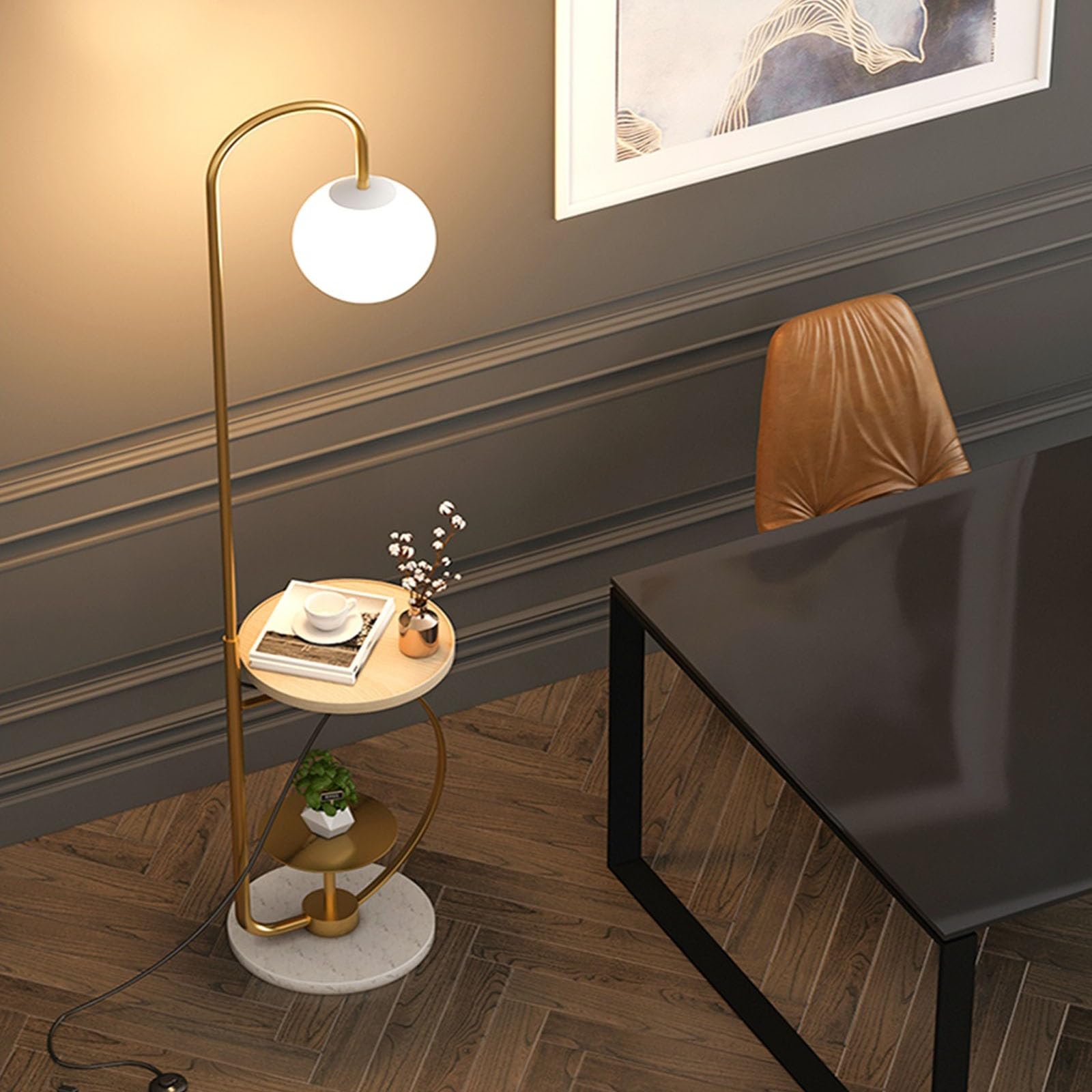 Nowoczesna lampa podłogowa ze stołem, lampa podłogowa do salonu z bezprzewodową stacją ładującą, żarówka LED 3 kolory, nowoczesna i elegancka z dekoracją stołu