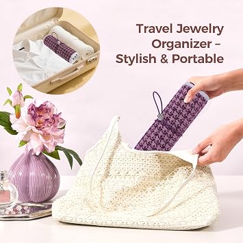 Travel Jewelry Organizer Roll with Zippered Pockets,Hangable | Tangle-Free Portable Jewelry Storage Bag for Women | Holder for Necklaces, Earrings, Rings, Bracelets (Berry Purple)