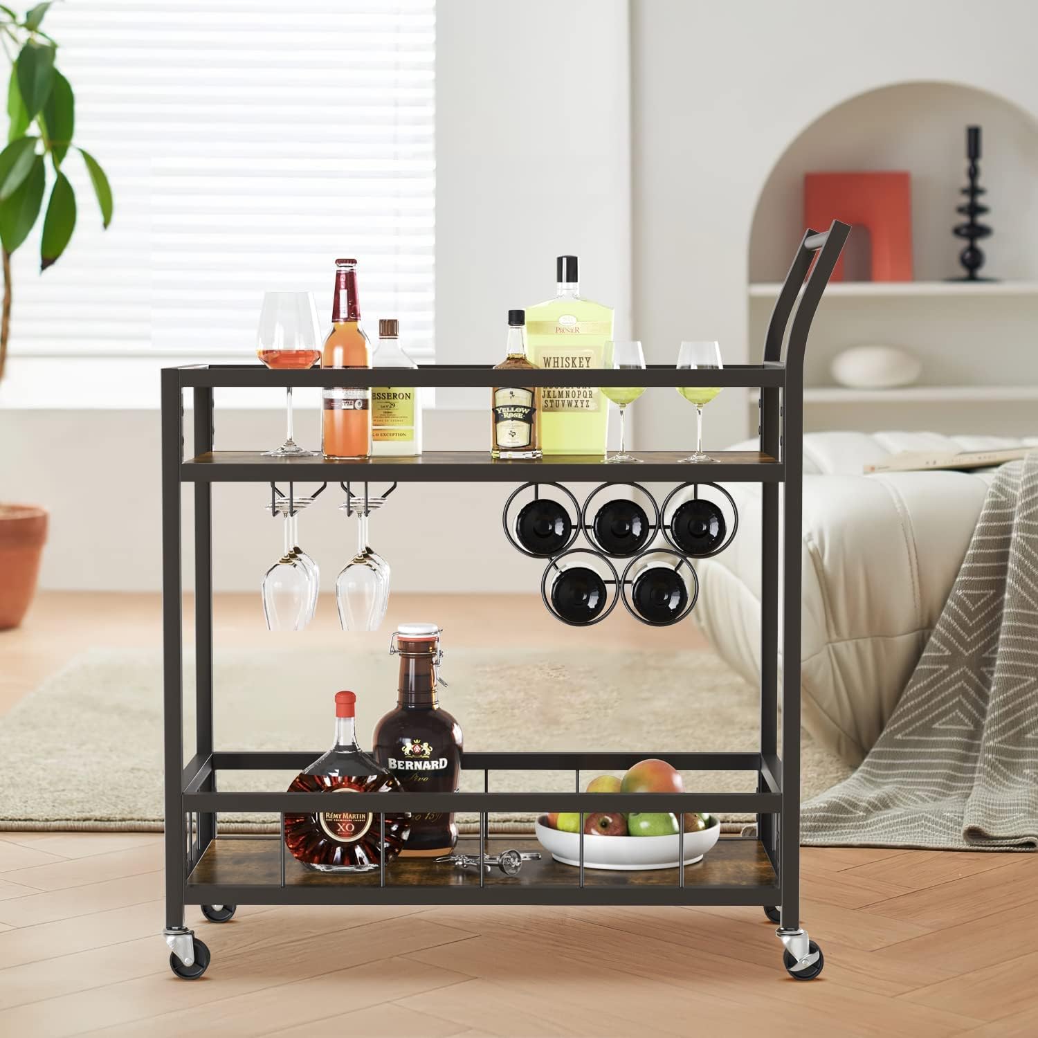 JUMMICO Bar Cart Industrial Home Mobile Wine Cart Serving Bar Cart on Wheels with Storage Shelves Wine Rack and Glass Holder for Living Room, Kitchen, Corridor, Hallway,Black - Bar & Serving Carts