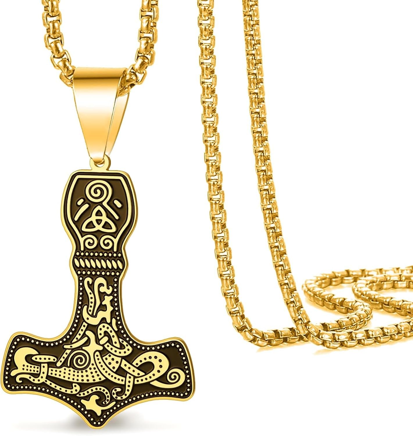XIUNYIE VIKING THORS HAMMER NECKLACE, Vintage Norse Mjolnir Pendant Stainless Steel Viking Pendant for Men, Nordic Pagan Amulet Jewelry Gift, Mjolnir Necklace-G