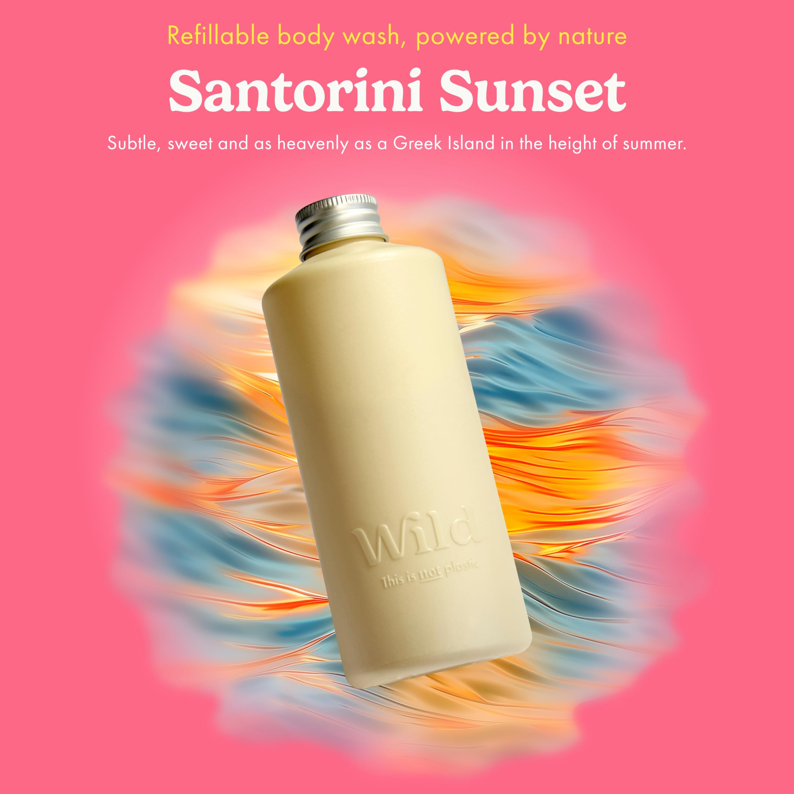 Wild Kit de inicio de gel de baño recargable - Carcasa de aluminio de abejas y 3 recambios de gel de ducha en varios aromas - 95% ingredientes naturales - Honey & Almond Amber & Oud Santorini Sunset
