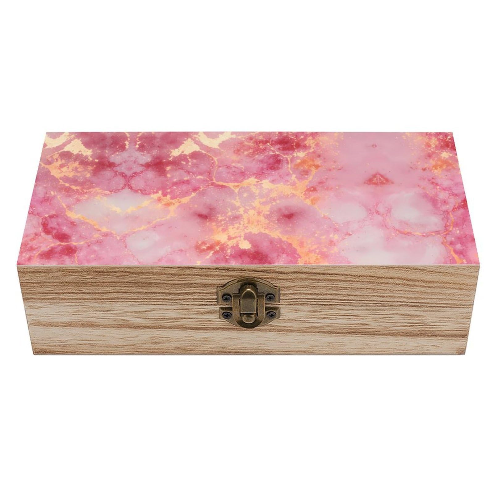 SMAZDFXX Pink Marble Texture Wooden Storage Box With Hinged Lid Decorative Front Clasp Keepsake Boxes
