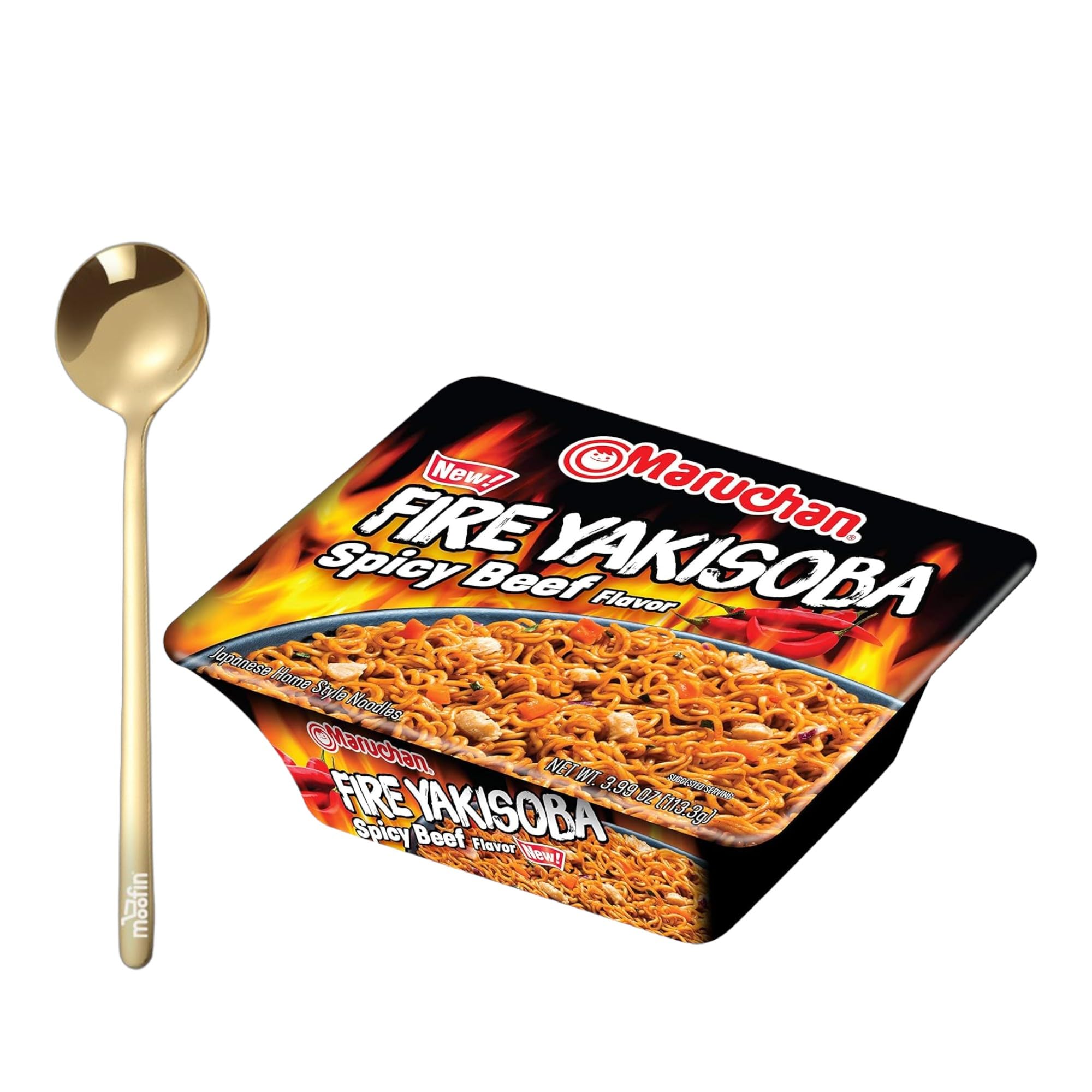 Bundle of Stainless Steel Spoon - 13.5cm - Gold, and Yakisoba Fire Spicy Beef Flavor, 3.99 Oz, Pack of 8, Pack of 1