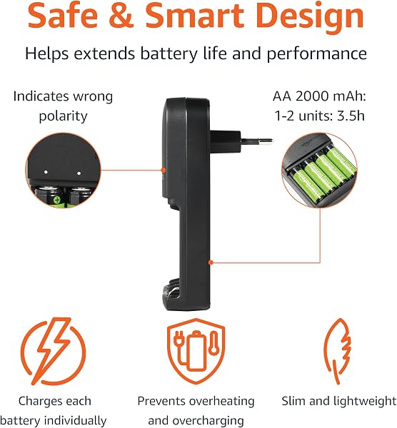 Amazon Basics Batterie ricaricabili NiMH con caricabatterie a 4 alloggiamenti, spina UE, Confezione da 4 AA 2000mAh, Nero Caricabatterie da 4 alloggiament Caricabatterie + 4 AA - 2