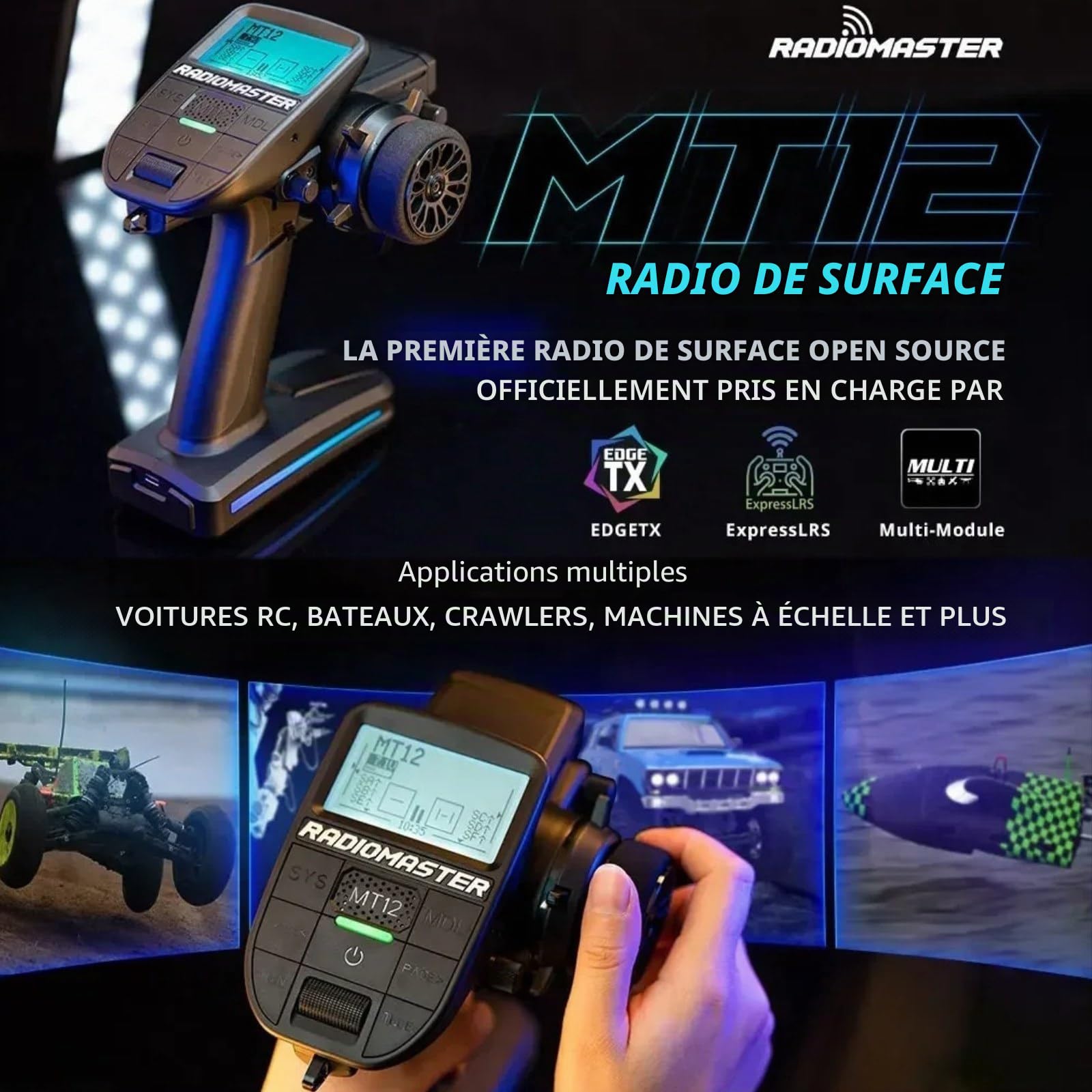 HTLNUZD Radiomaster MT12 Edgetx Contrôleur radio open-source | Multi-protocole 2,4 G 4 en 1 | Pour voitures, bateaux et véhicules de surface | Version améliorée