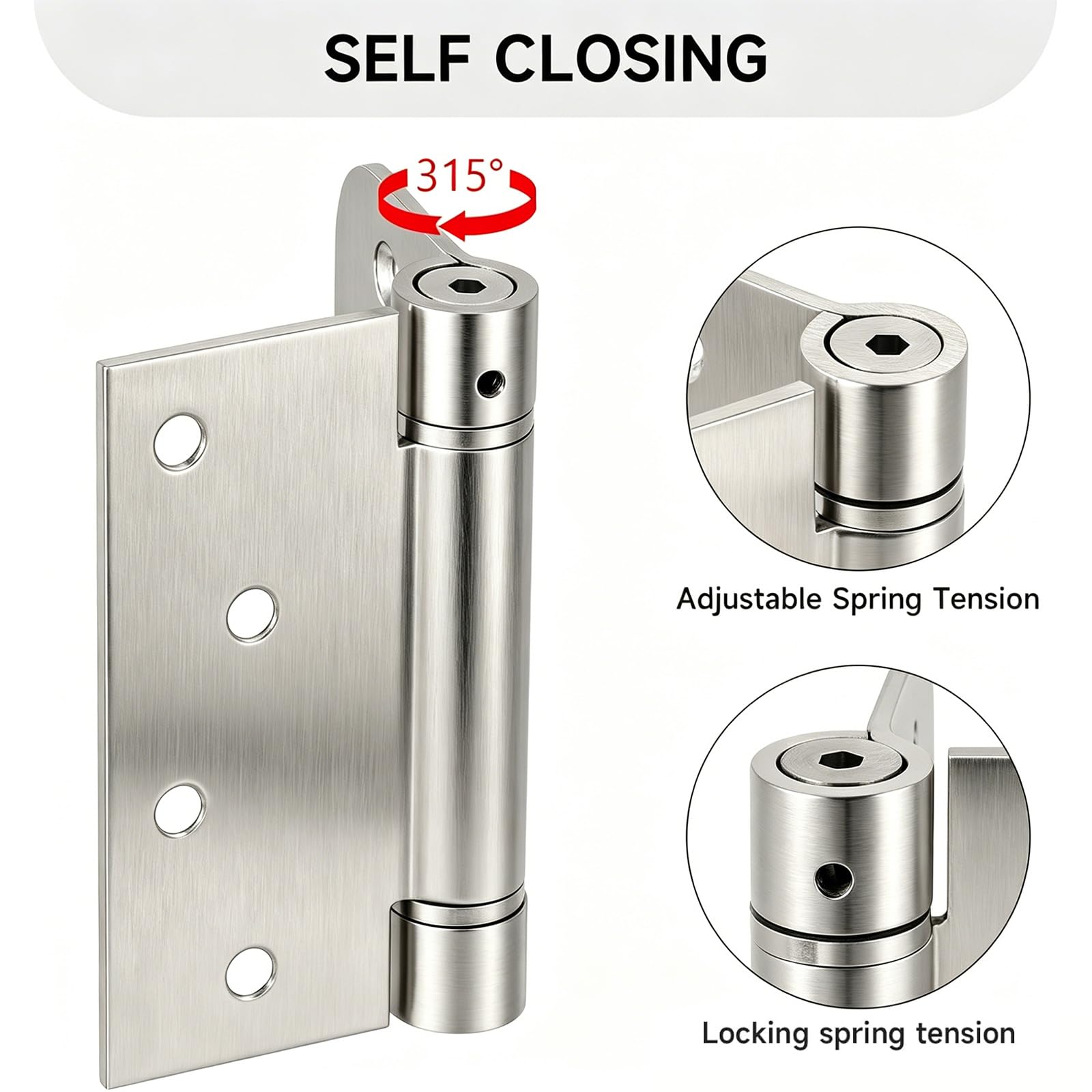 Bisagras de puerta de cierre automático, bisagras de acero inoxidable 304 de 4 pulgadas, bisagras de resorte, bisagras resistentes con esquina cuadrada redondeada de 5/8 pulgadas, tensión ajustable,