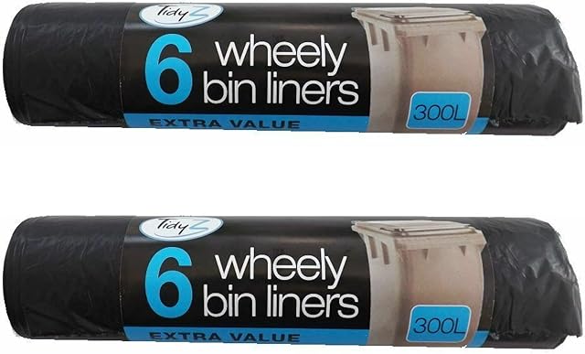 2 Pack Of 6 Wheelie Bin Extra Large Liners 300L Black Dustbin Rubbish Tip Refuse Sacks Waste Garbage Thick Big Bags Super Strong Heavy Duty