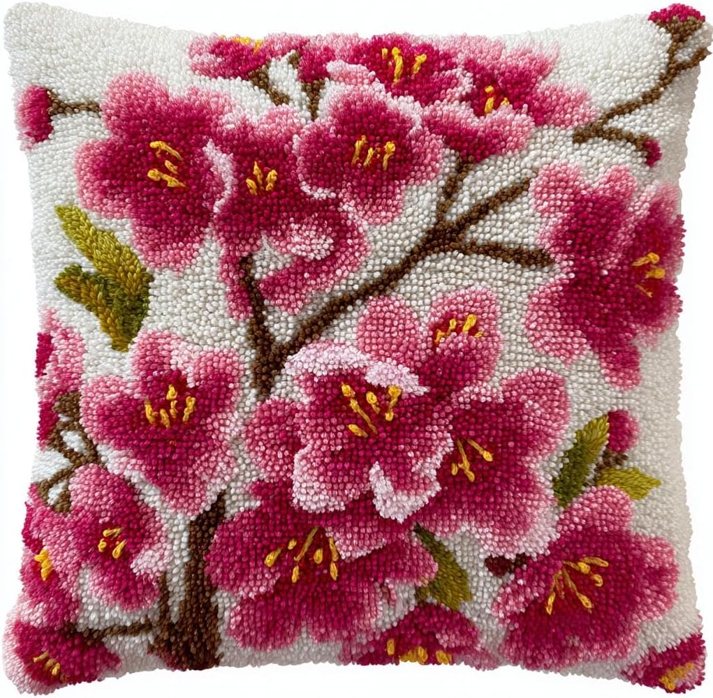DIY Latch Hook Pillow Kit Cherry Blossom Flowers 43x43cm