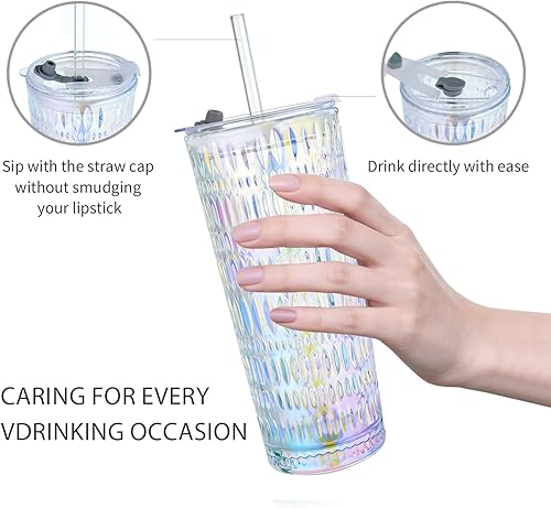 Miniatura 6 de Puraville Vaso de vidrio de 18 onzas con tapa y pajilla, cristalería gruesa con patrón de diamante vintage para whisky, cóctel, cerveza, vaso de