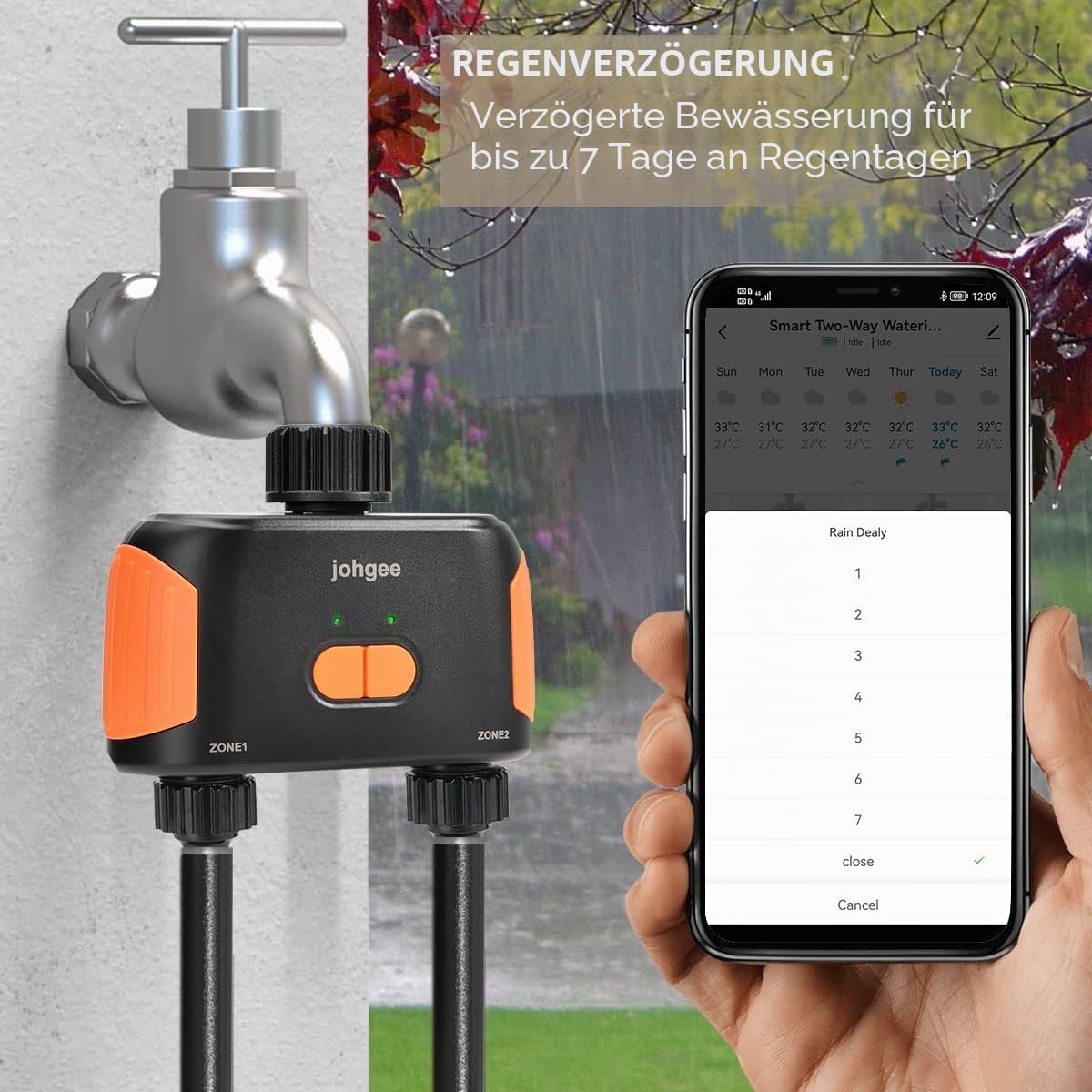 johgee Bewässerungscomputer WLAN 2 Ausgänge, Intelligenter WLAN Bewässerungscomputer mit Wi-Fi Hub/Sprachsteuerung, Wasserdicht Automatische Gartenbewässerung für Garten