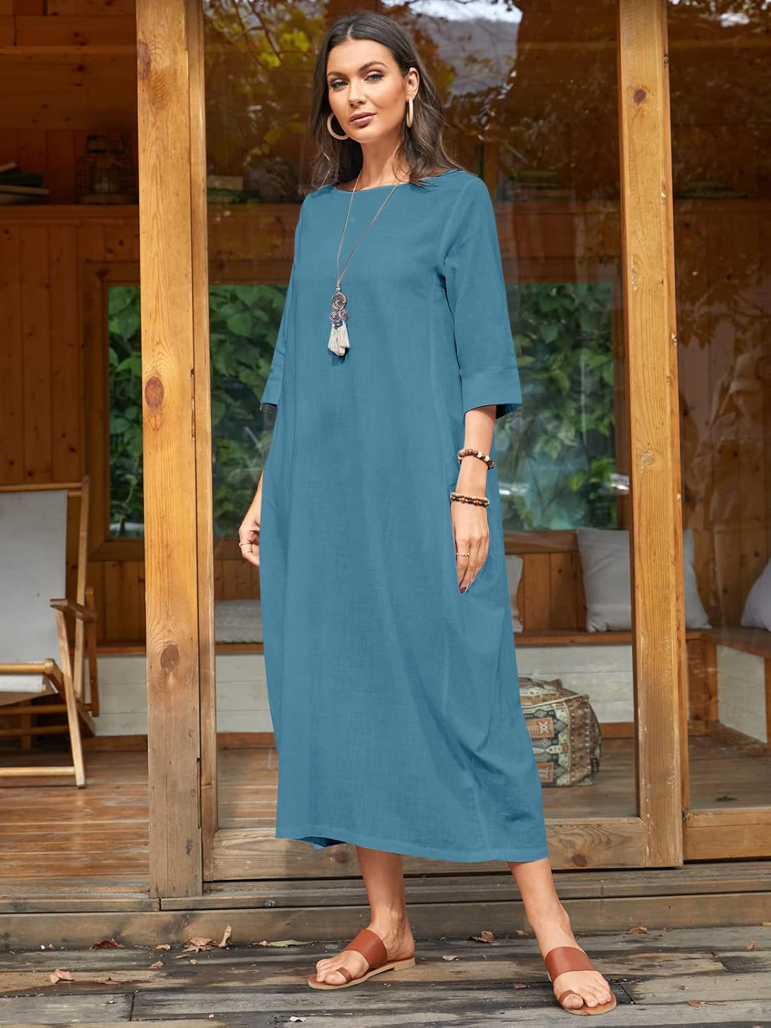 Celmia Autumn Solid Loose Long Maxi Dress Cotton Caftan - Image 2
