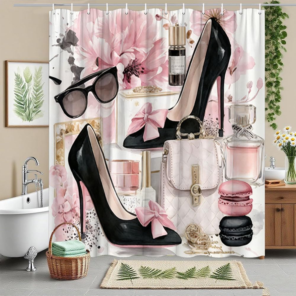 SPXLUCAU Stylish Shower Curtain Featuring Floral Designs, High Heels, Pink Peonies, And Beauty Items, for Elegant Bathroom Decor(220x200cm/87x79in(WxH)