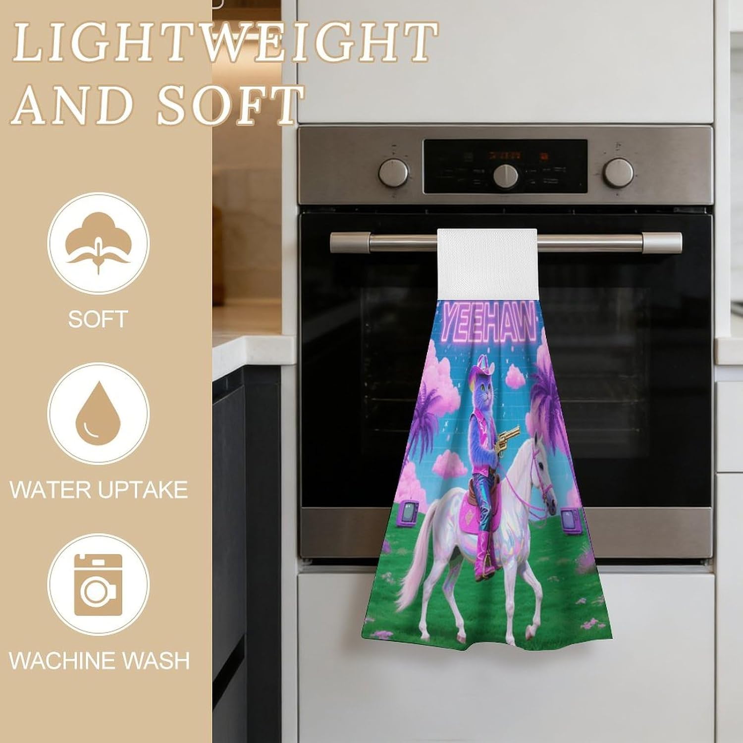 Hanging Kitchen Towels - Cat Cowboy with Rifle Rides A Horse on Green Grass Kitchen Tie Towel, Set of 2 Hand Dish Cloth with Hanging Loops 12.6 X 19.1 Inches, Absorbent, Super Soft, And Fast Drying Ho image 3