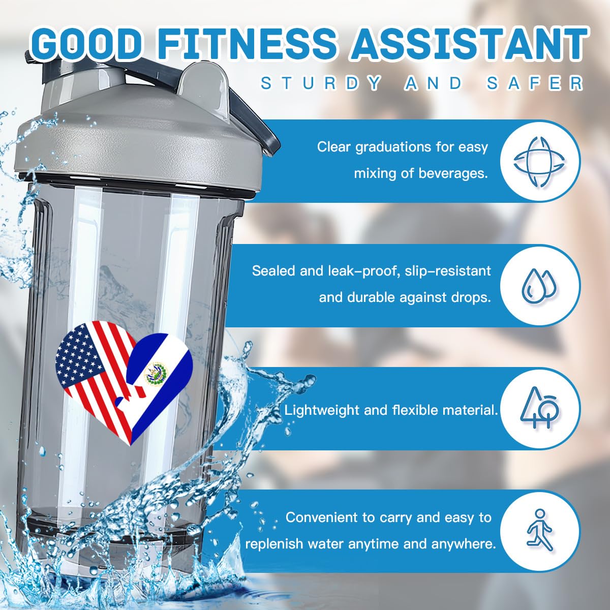 Hearts America USA And El Flag 18 Ounce Shaker Cup,Fashion Theme Pattern Shaker Bottle Leak-proof Workout Shake Bottles 500ML/18 oz Perfect for Pre Workout