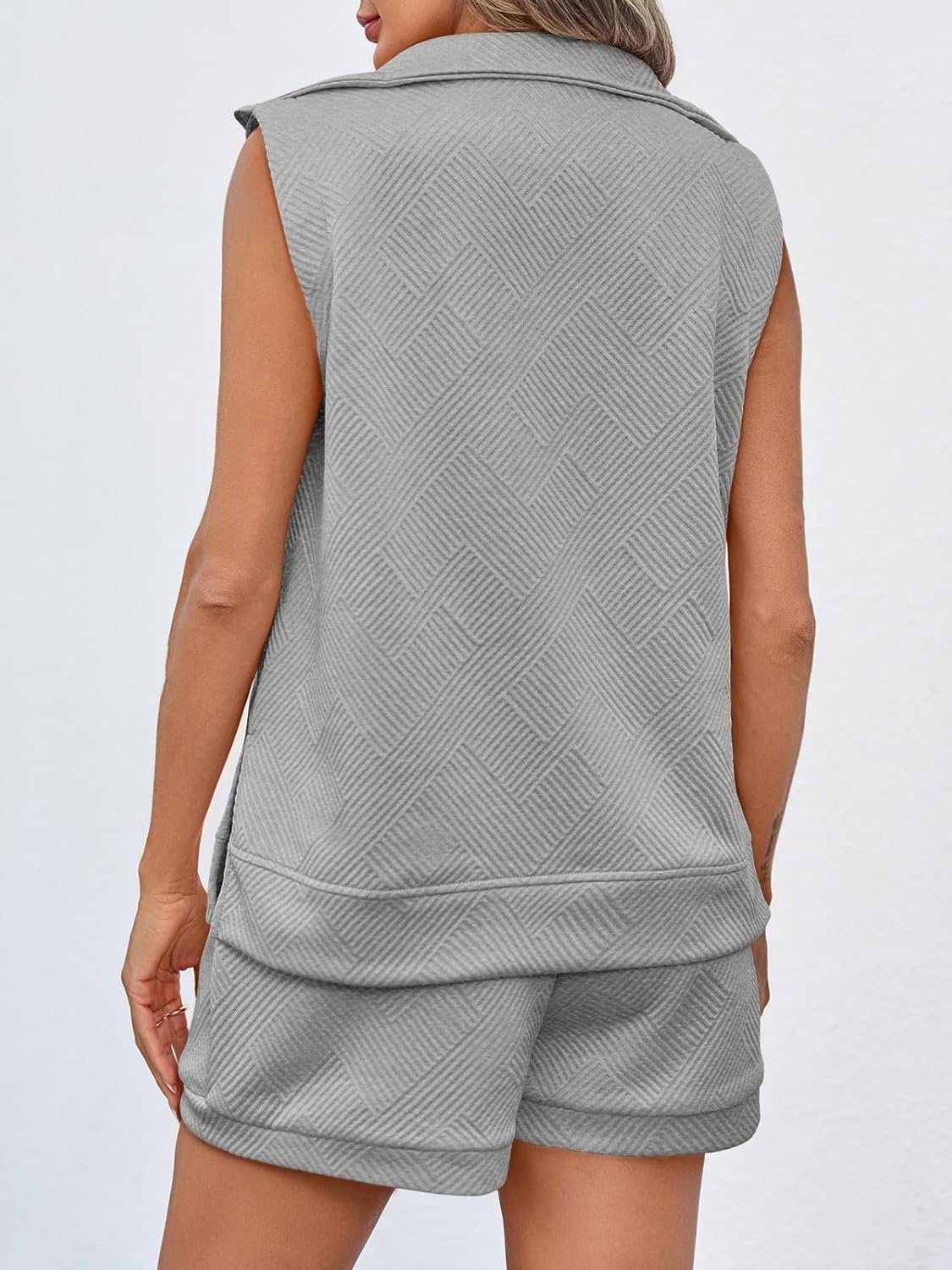 Tankaneo Womens 2 Piece Outfits Short Sets Half Zip Sleeveless Tops and Drawstring Shorts Loungewear Sweatsuit Set - Image 5