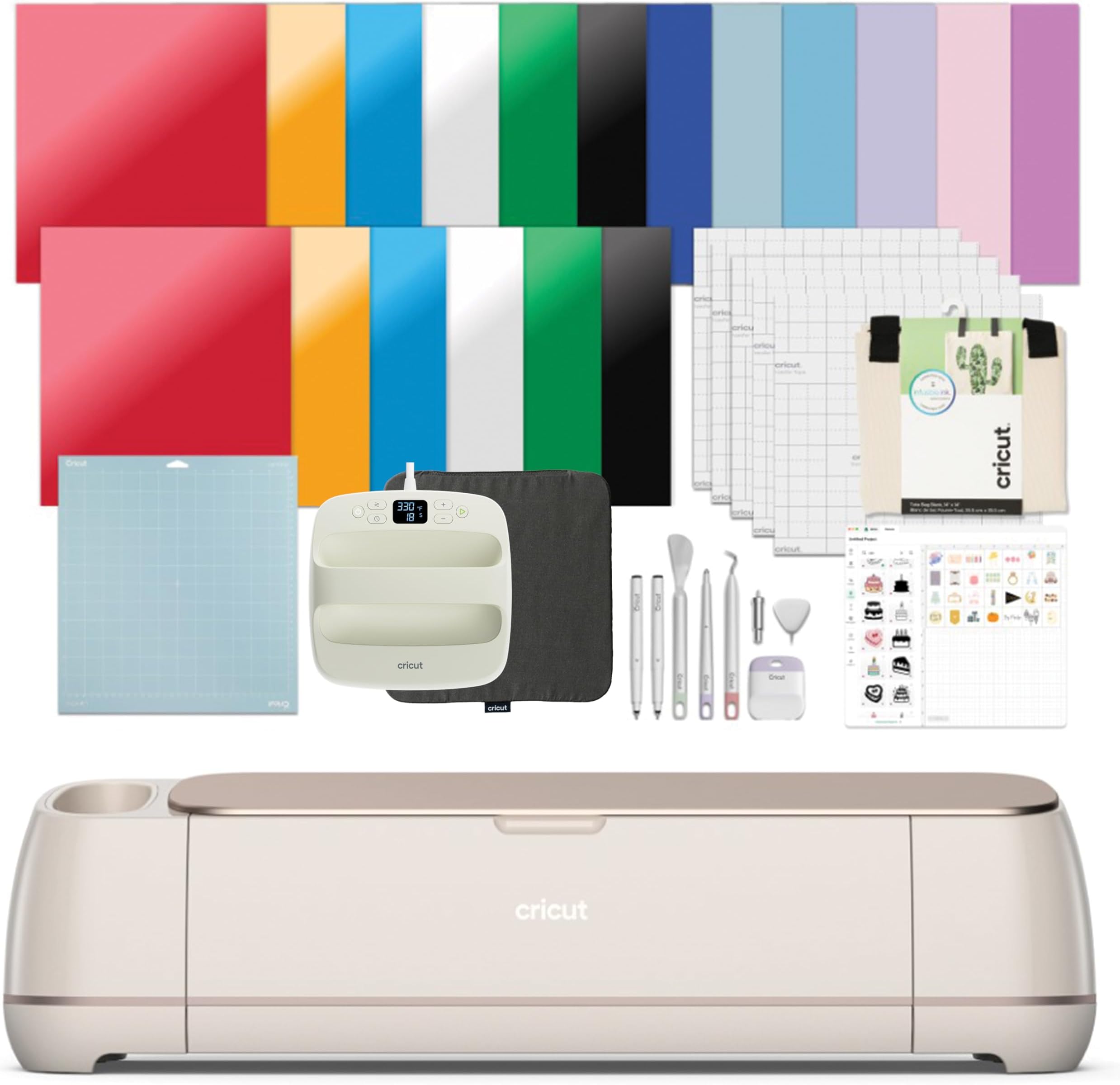 Maker 4 - Smart Cutting Machine (Seashell) | Engagement Plus Bundle - Includes EasyPress 2 (SE) Heat Press (9x9) + Mat, Tote Bag, Material Samplers, Machine Mat, Pens, Tools & 30 Digital Images