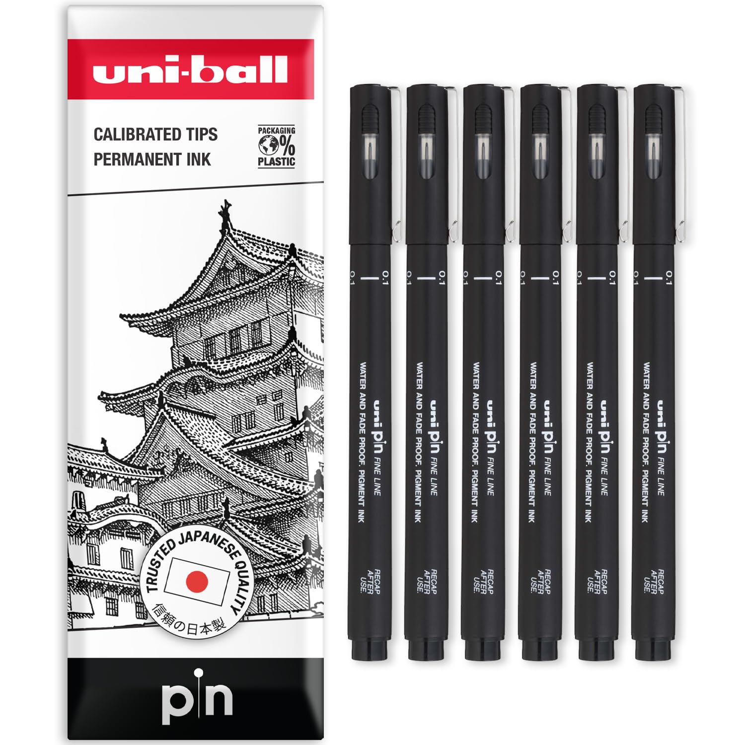 Uni Pin Fineliner Stylo à dessin – Encre noire – Dans un coffret cadeau (lot de 6, 0,1 mm)