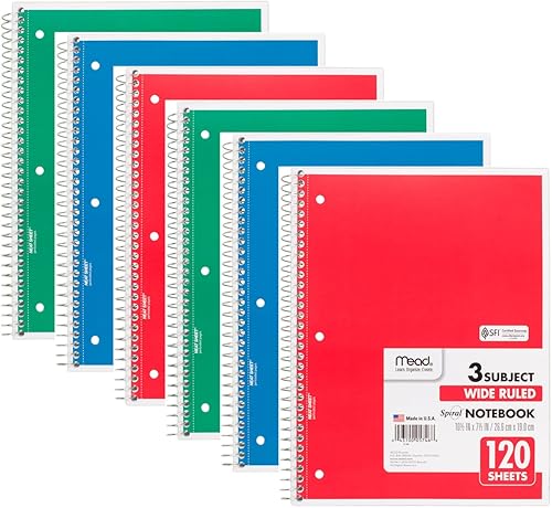 Mead 75698 Cuaderno de espiral, rayas anchas, 3 materias, 120 hojas, 10.5 x 8 pulgadas, colores surtidos, paquete de 6
