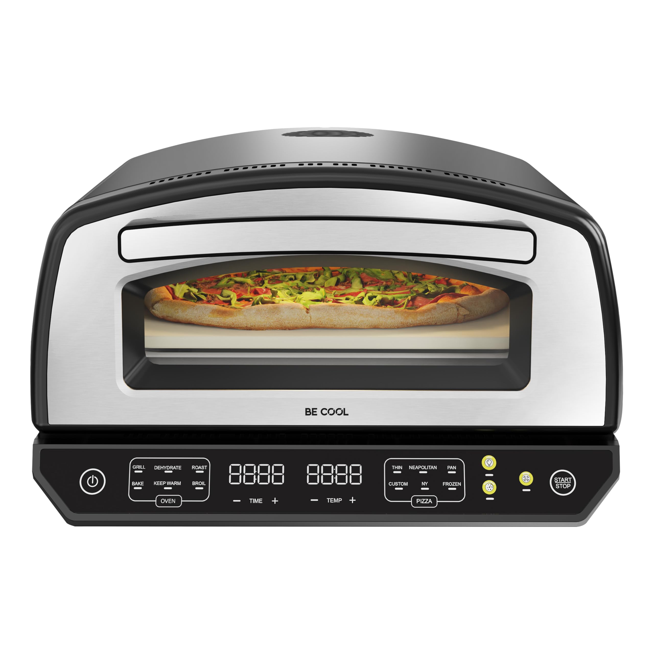 BE COOL Multifunktions Pizzaofen mit Pizzastein 33 cm – 2000W | 450°C neapolitanische Pizza | 6 Programme, 4 Funktionen, Touchdisplay, LED, Ober-/Unterhitze, Backen, Grillen, Braten