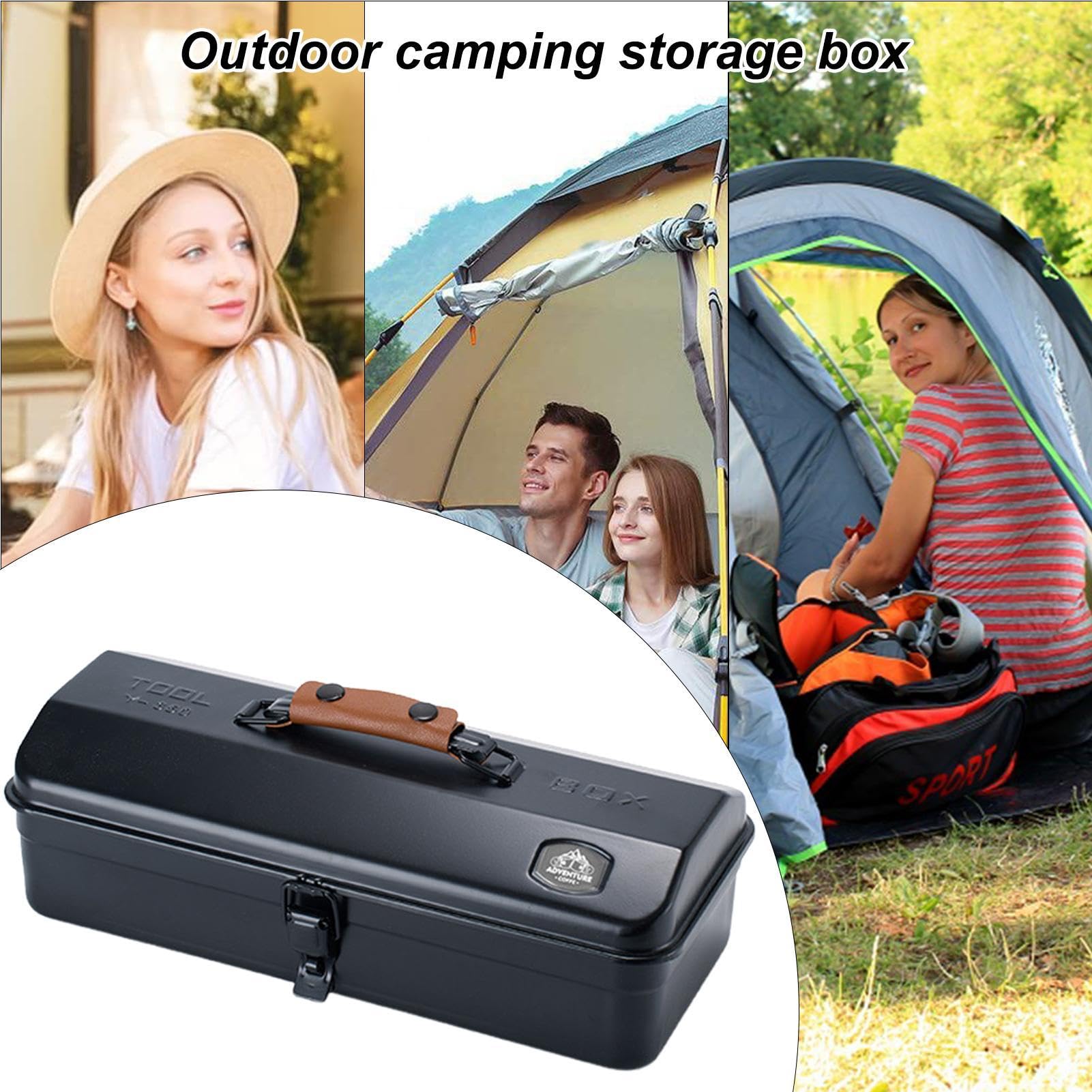 Tragbare Werkzeugkiste aus Metall, Aufbewahrungsbox für Campingbedarf | Werkzeugkasten aus Metall mit Vierwasserdach für Camping im Freien, mit Eisenaufklebern