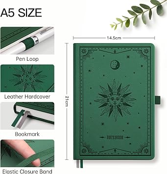 EMSHOI A5 Lined Notebook, Hardcover Leather Notepad, 192 Pages, Dark Green
