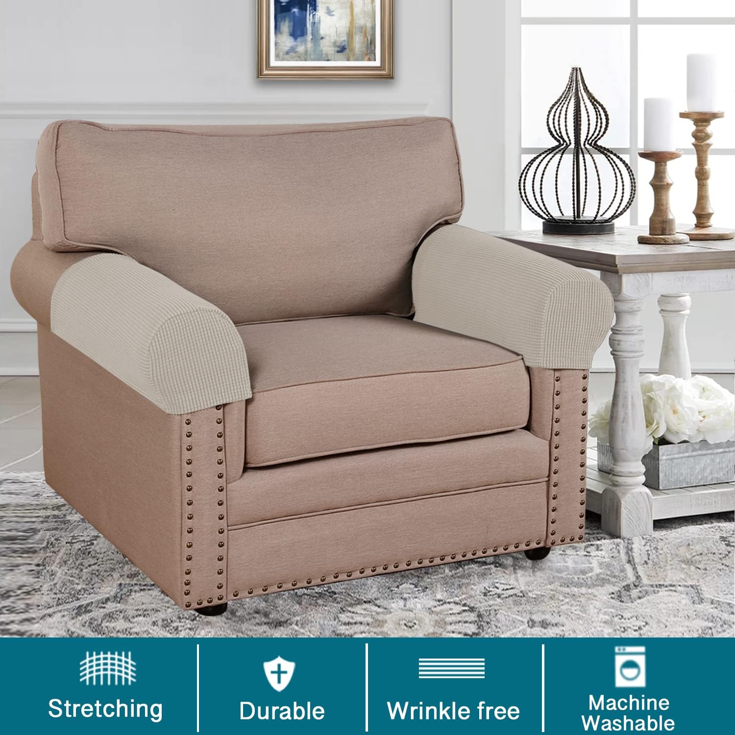 Turquoize Stretch Armrest Covers for Chairs and Sofas Couch Arm Covers for Sofa Spandex Jacquard Armrest Cover Anti-Slip Furniture Protector Armchair Slipcovers for Recliner Set of 4, Island Fossi