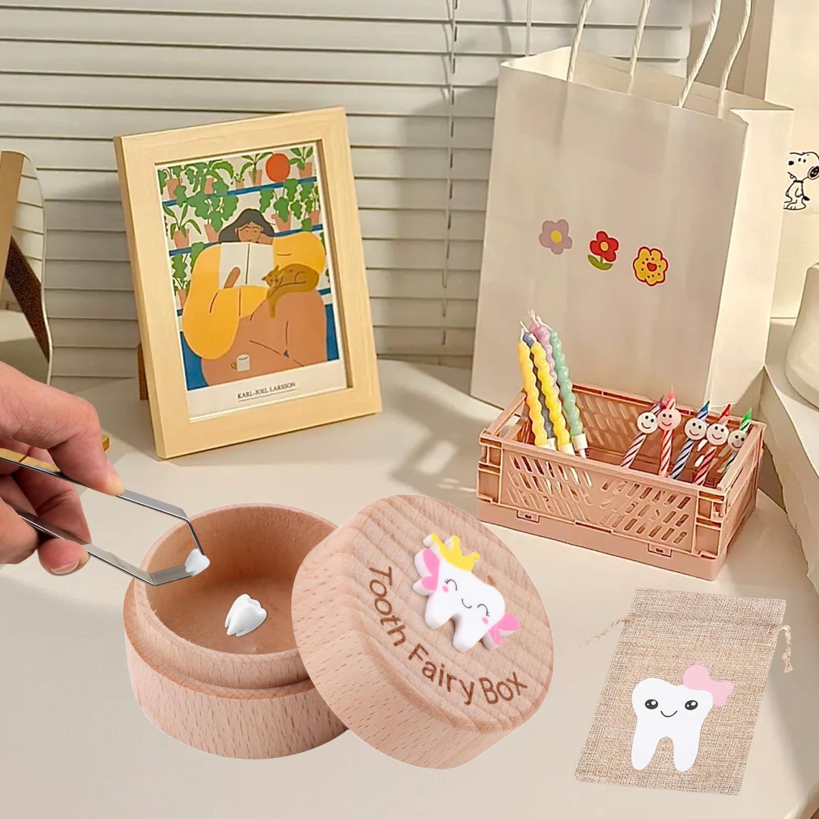 PSFYRN Wooden Tooth Fairy Storage Box with Bag for Lost Teeth - 3D Carved Personalized First Keepsake for Kids (Girl) - Image 4