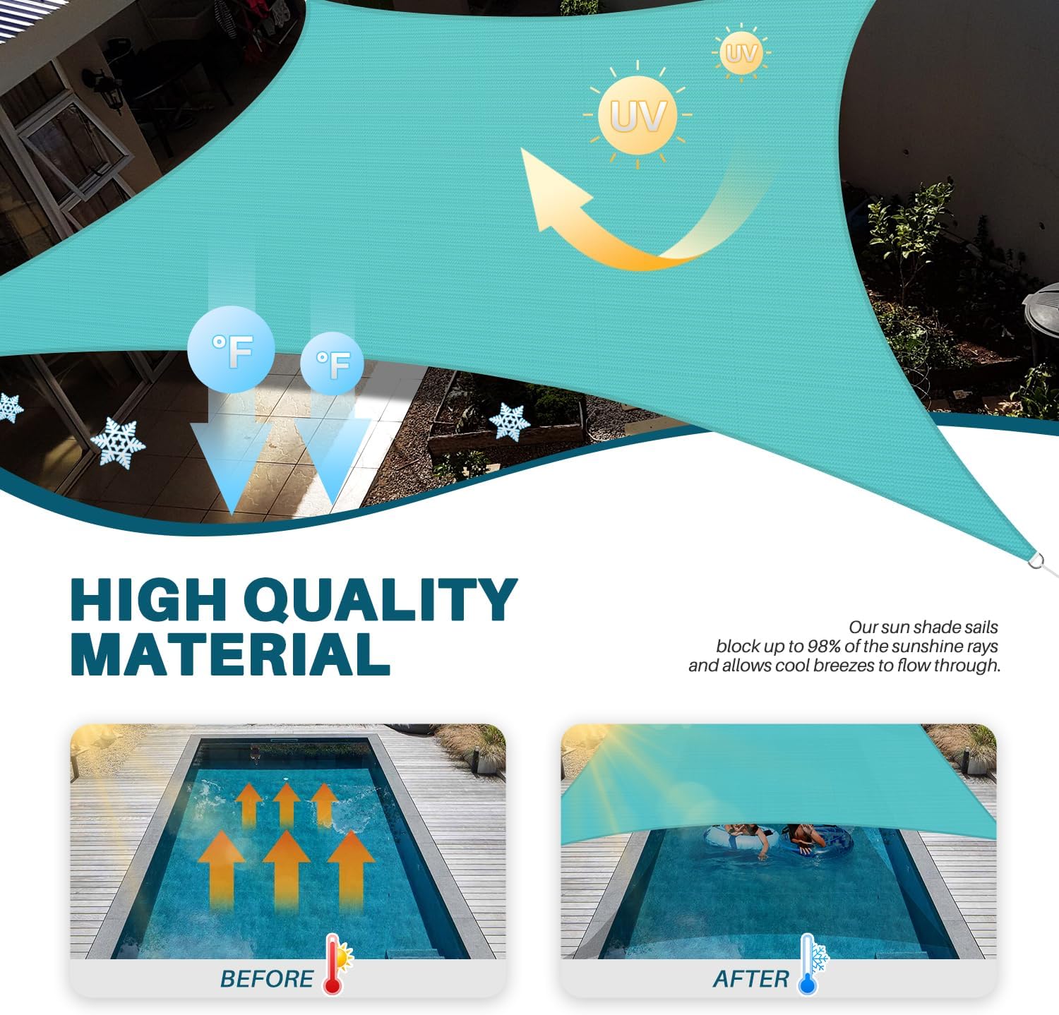 Coarbor 13'x20' Sun Shade Sail Outdoor Canopy Cover Rectangle Heavy Duty Shade Cloth for Backyard Yard Deck Patio Garden Outdoor, Turquoise