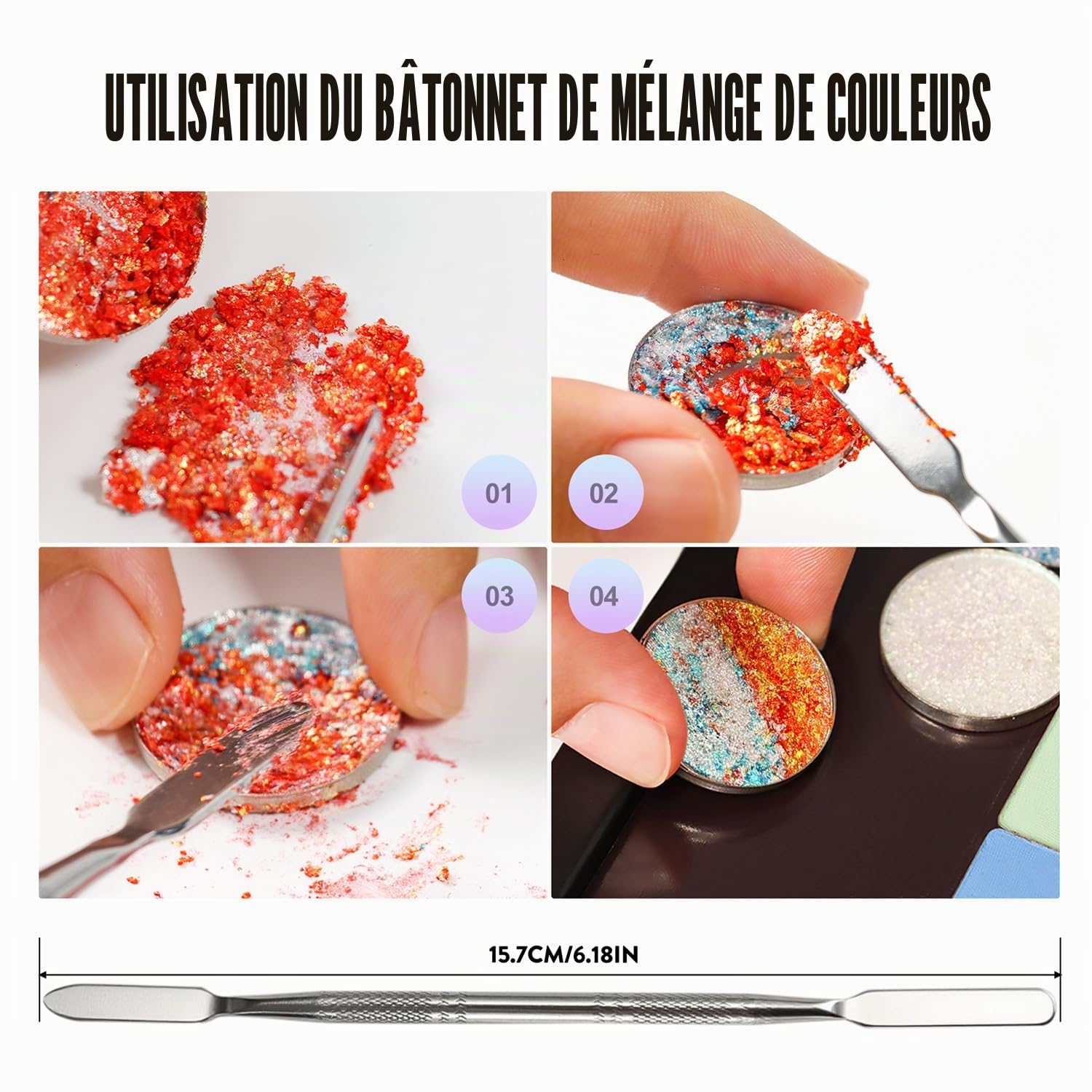 Palette magnétique vide à 4 couches (grain de bois blanc) + 1 spatule de dépôt de maquillage + 50 autocollants ronds en métal + 50 autocollants carrés en métal