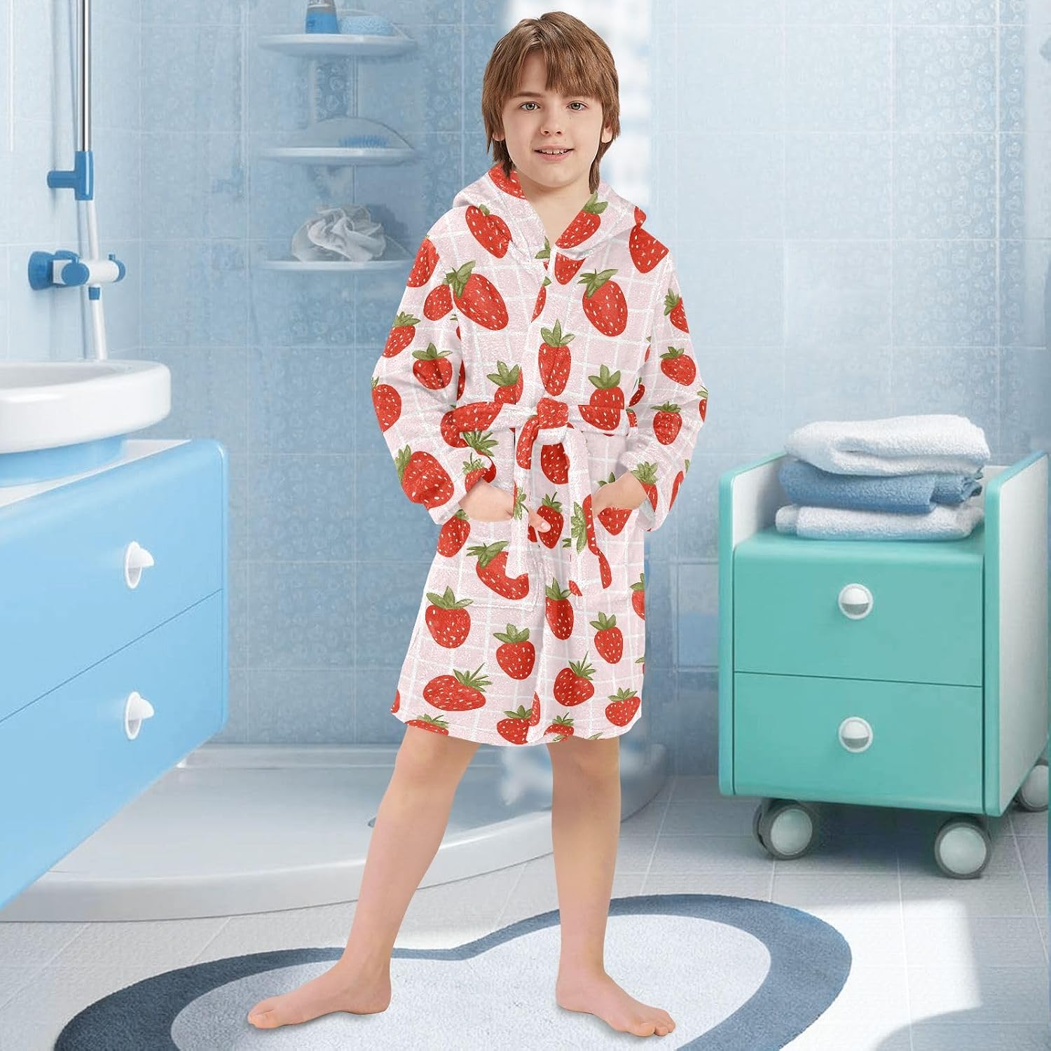 Strawberry Cute Pink Pattern Toddler Hooded Bathrobe for Boys Girls Soft Plush Bath Towel Robe 2-12 Years