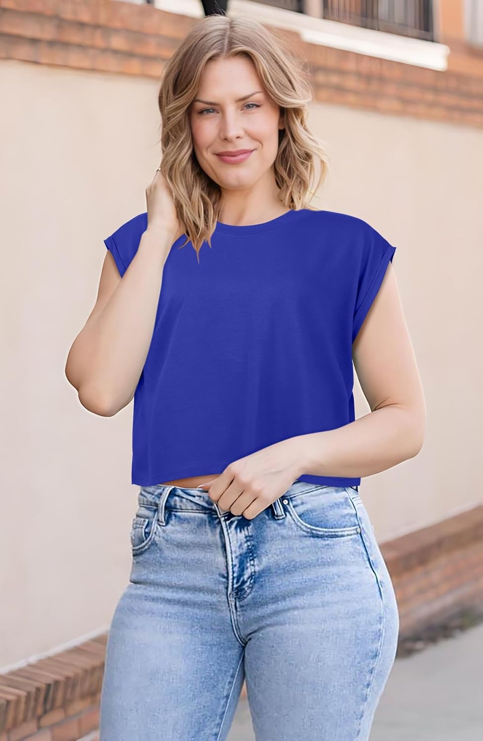 Crop Tops for Women Summer Short Sleeve Loose Fit T Shirts Casual Round Neck Rolled Basic Tees - Image 2