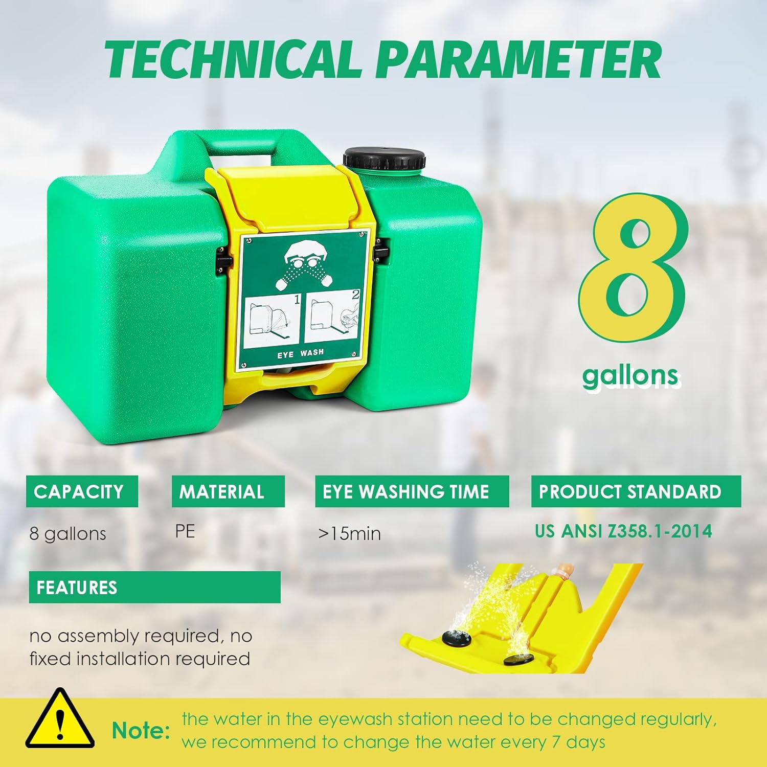8-Gallon Portable Eye Wash Station Emergency Eyewash Station Wall Mount Self-contained Eye Wash Station for First Aid, Gravity-Flow Eye Wash OSHA Compliant, with a Emergency Sign, Green