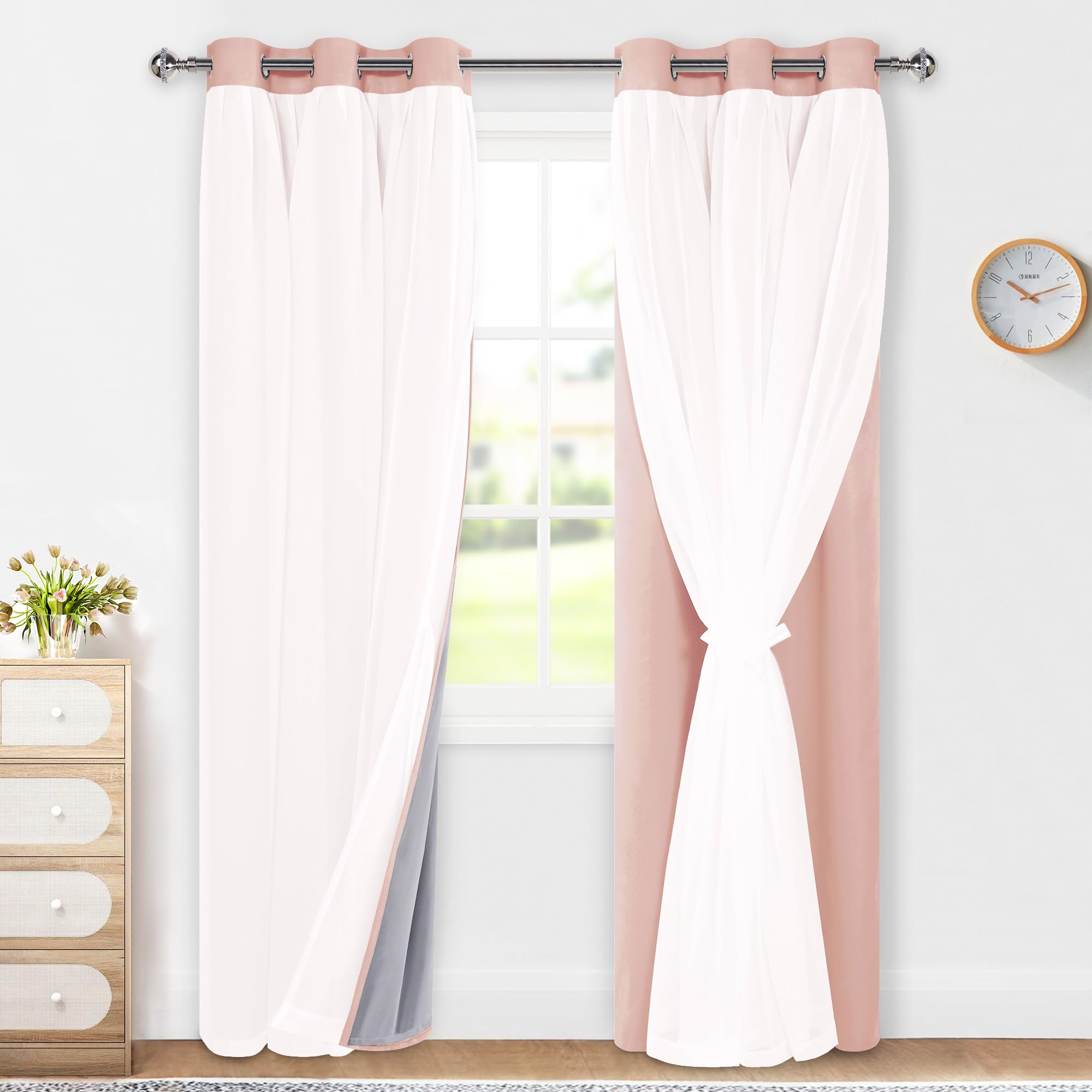 XWZO 100% Blackout Double Layer Curtains for Nursery, Blackout Curtains with Sheer Overlay for Girls Bedroom, Grommet Thermal Insulated Privacy Curtains with Tiebacks, 2 Panels, 38x84, Blush