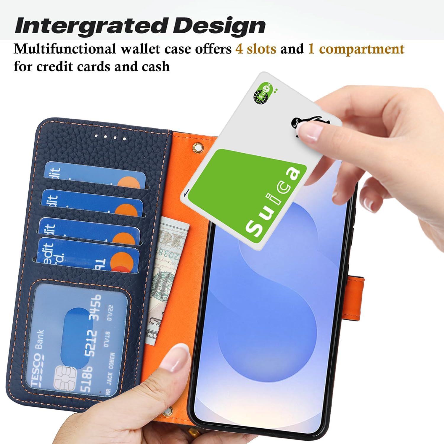 Zouzt Case for Samsung Galaxy S25 6.2" Genuine Leather Wallet Case with 4 Card Slot, RFID Blocking Card Holder Magnetic Flip Folio Kickstand Shockproof Phone Cover Women Men - Blue & Orange