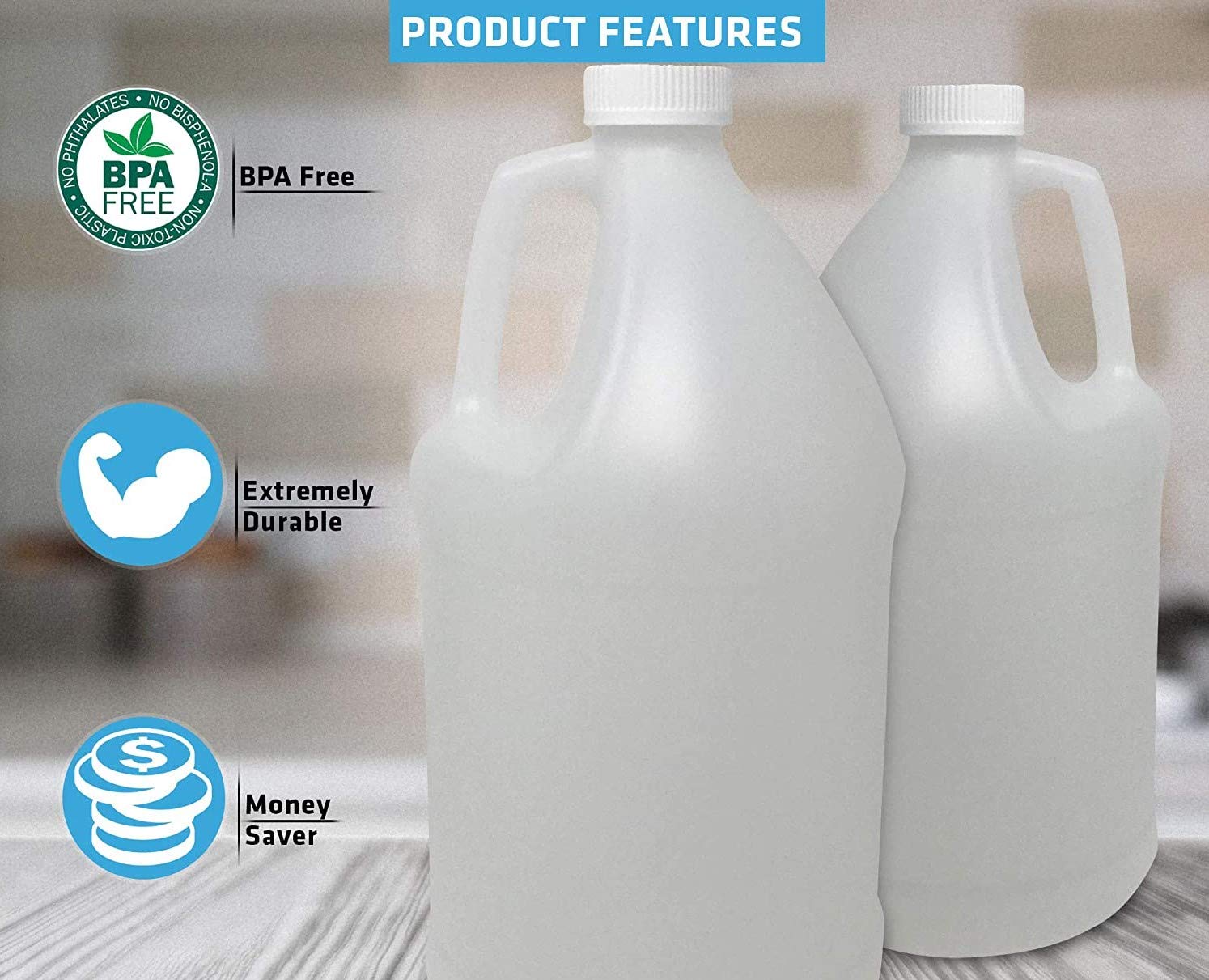 1-Gallon Round Plastic Jug with Cap, HDPE (4 -Pack) Reusable, Food-Safe, BPA Free, Heavy-Duty Containers for Water, Sauces, Soaps, Detergents, Liquids | Screw-On Cap …