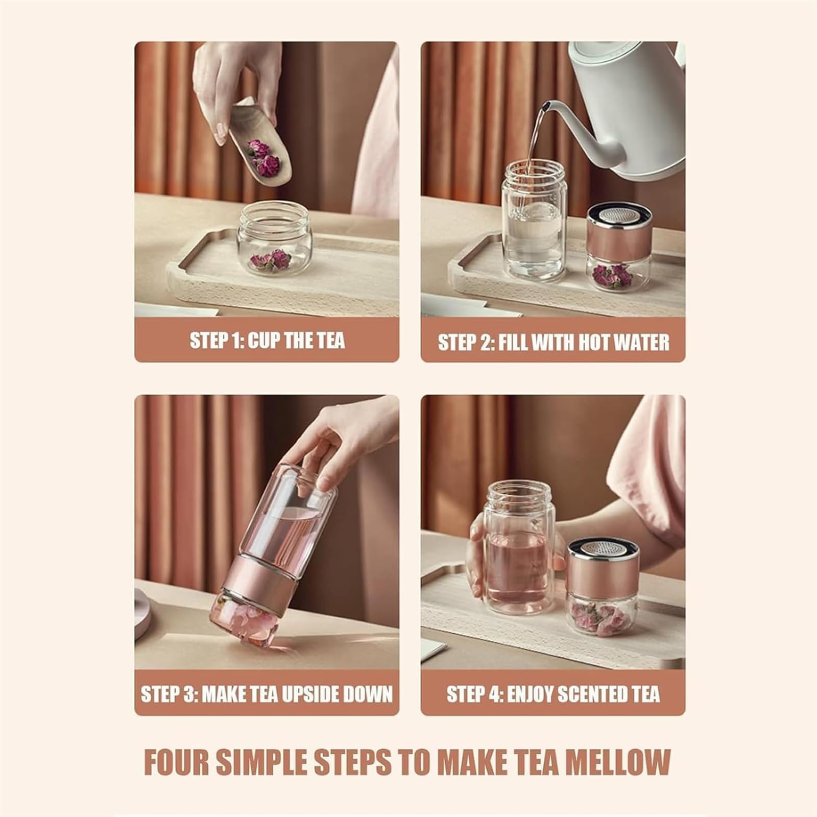 Botella infusora de té de vidrio de doble capa, máquina de té 3 en 1 de hojas sueltas y empinadora para preparar té suelto de 350 ml
