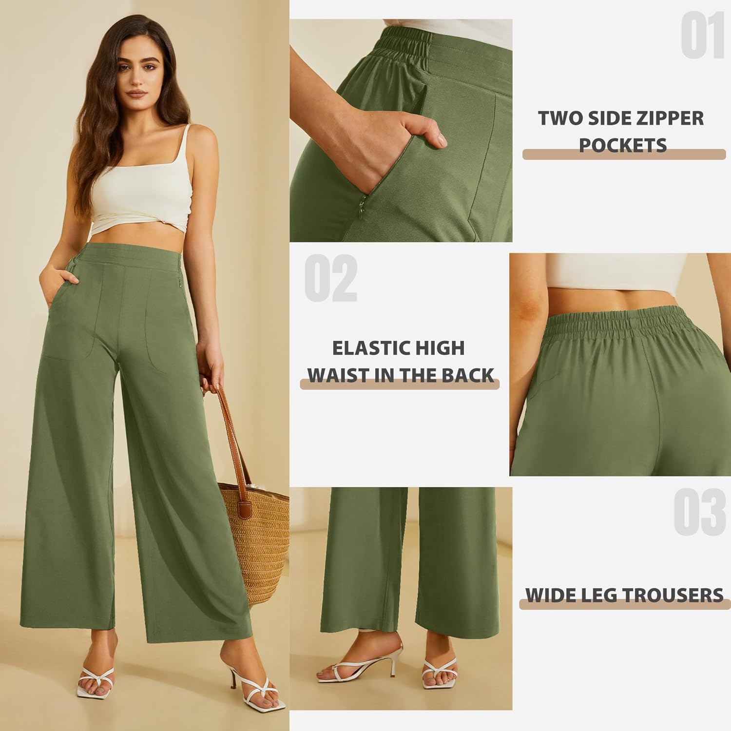 FireSwan Women's Wide Leg Work Pants High Elastic Waist Dress Palazzo Pants Trousers with Zipper Pockets - Image 4