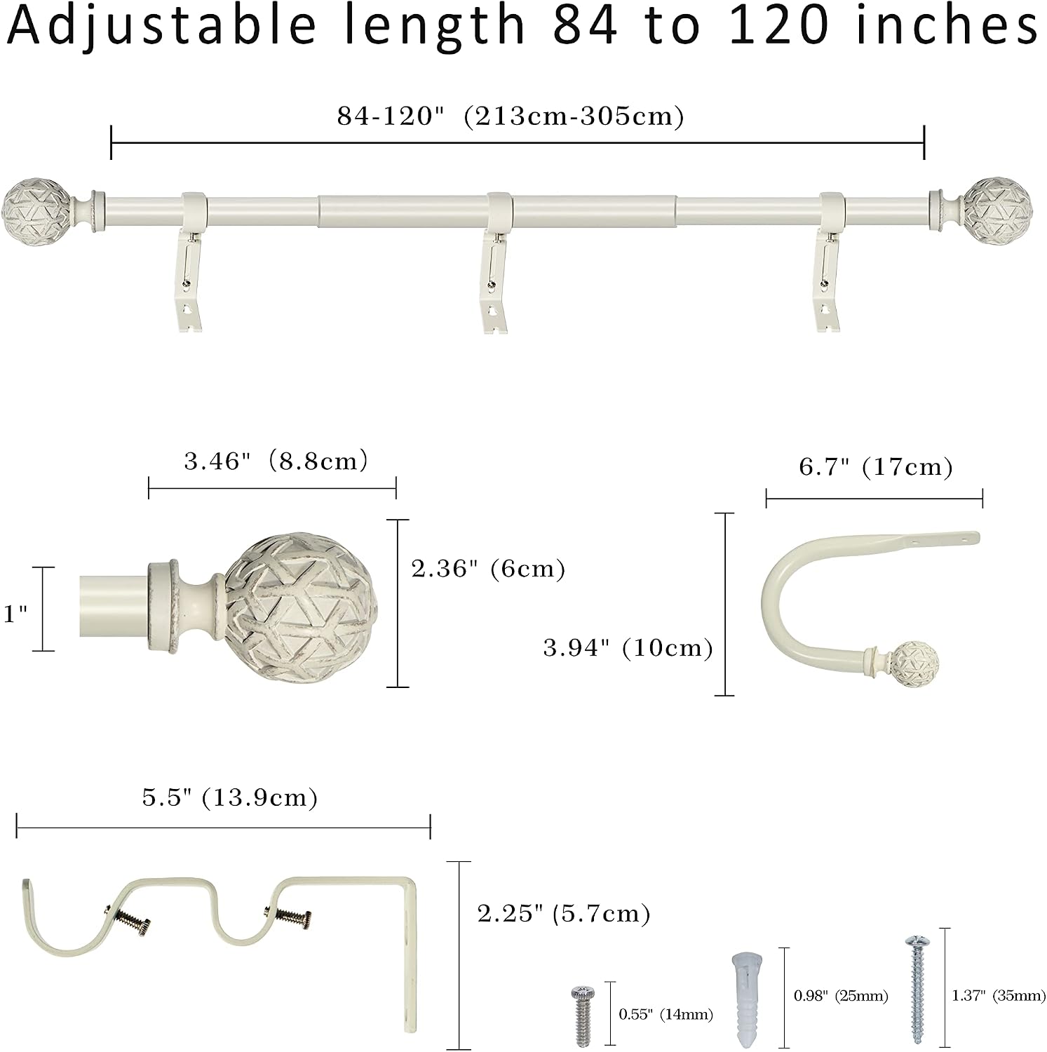 1" Double Curtain Rod with Geo Ball Finials and holdbacks(84''-120'',Weathered white)
