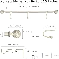 Vista 3 de Barra de cortina doble de 1 pulgada con remates y retenes de bola geográfica (84-120 pulgadas, blanco desgastado)