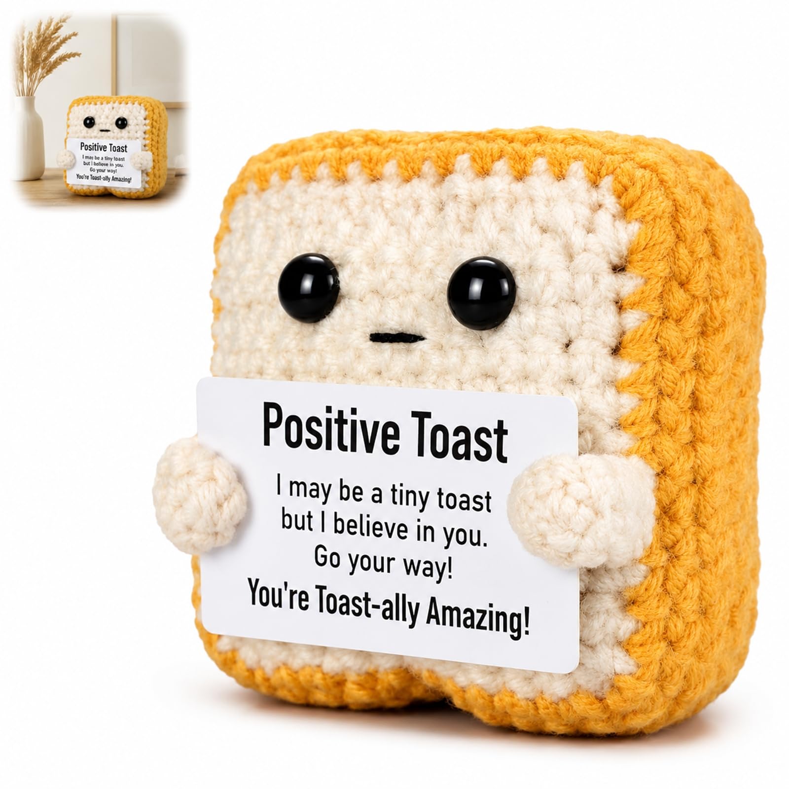 Handmade Crochet Positive Toast Doll with Encouraging Card - Cute Knitted Bread Plush Toy, Motivational Gift for Women Men Friends Students Coworkers, Birthday Valentine's Day Desk Decor